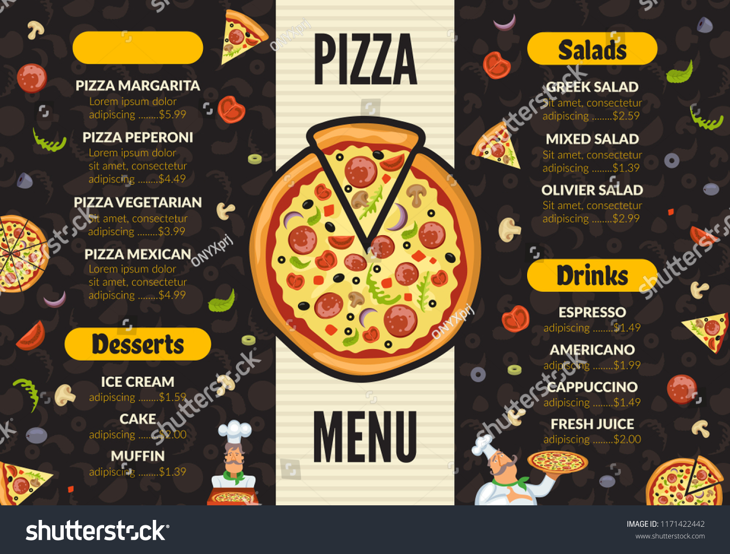 Pizzeria Menu Template Italian Kitchen Cuisine Stock Vector (Royalty ...