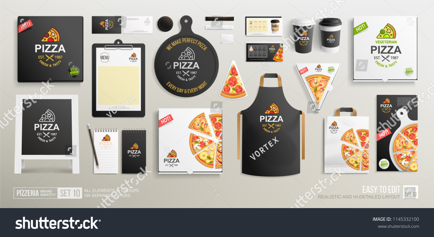 Download Pizzeria Restaurant Black Brand Identity Mockup Stock Vector Royalty Free 1145332100