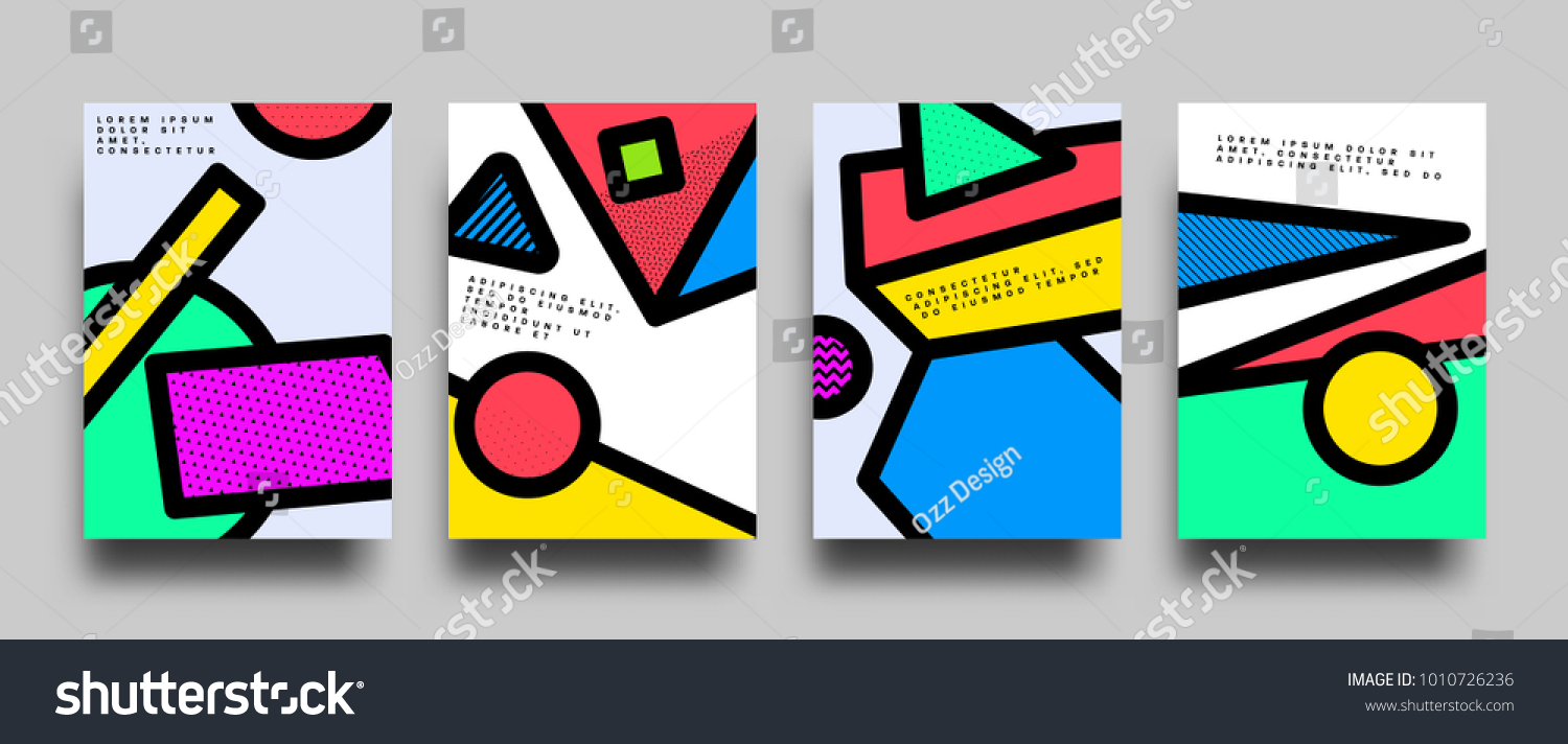 SVG of Placard templates set with abstract geometric shapes, 80s memphis bright style flat design elements. Retro art for a4 covers, banners, flyers and posters. Eps10 vector illustrations svg