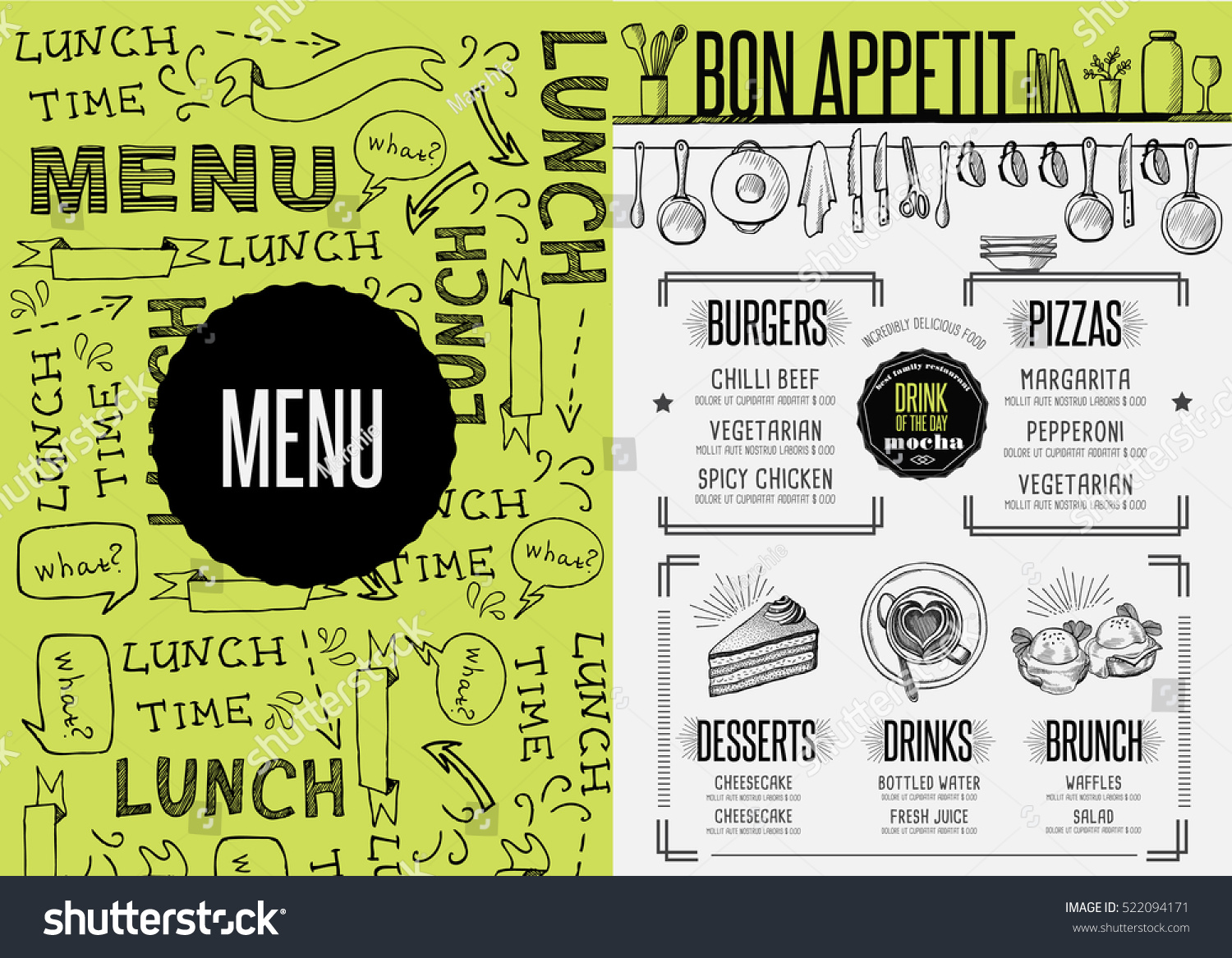Placemat Menu Restaurant Food Brochure Cafe Stock Vector 522094171 Shutterstock Placemat Menu Templates