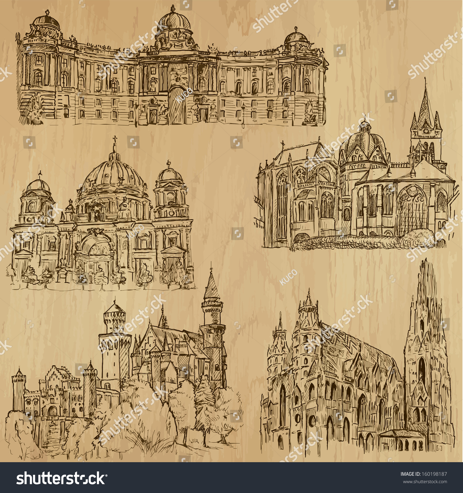 SVG of Places and Architecture around the World (set no.9)-Collection of hand drawn illustrations (originals, no tracing). Each drawing comprises of two layers of outlines,the colored background is isolated. svg