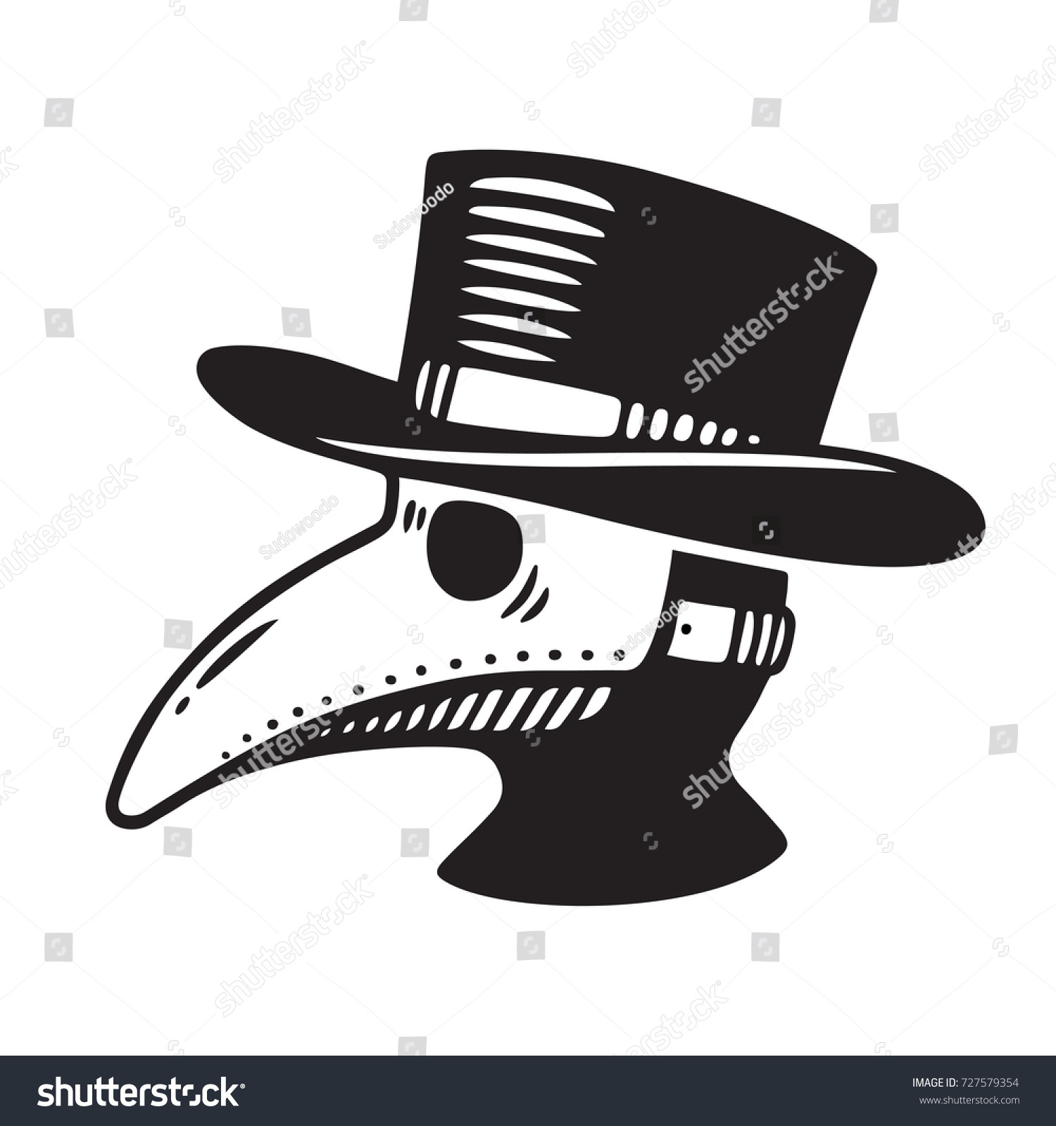 SVG of Plague doctor head profile, with bird mask and hat. Vintage engraving style drawing, black and white vector illustration. svg