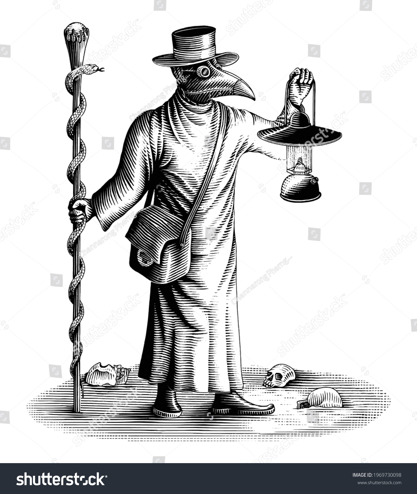 SVG of Plague doctor holding a lamp and a magic wand hand draw vintage engraving style black and white clip art isolated on white background svg