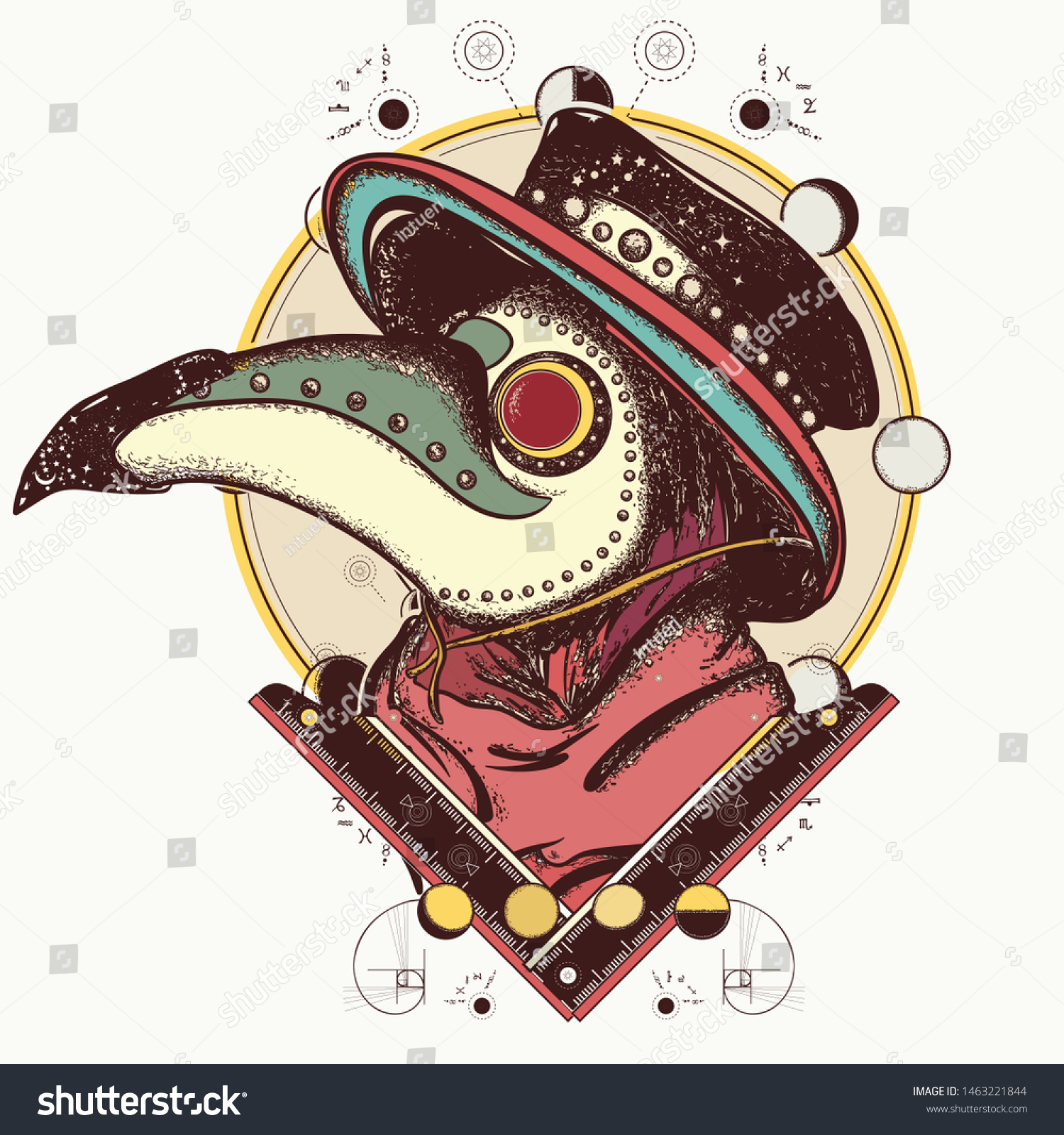 SVG of Plague doctor portrait. Color vector tattoo. Medieval gothic venetian mask and masonic symbols  svg