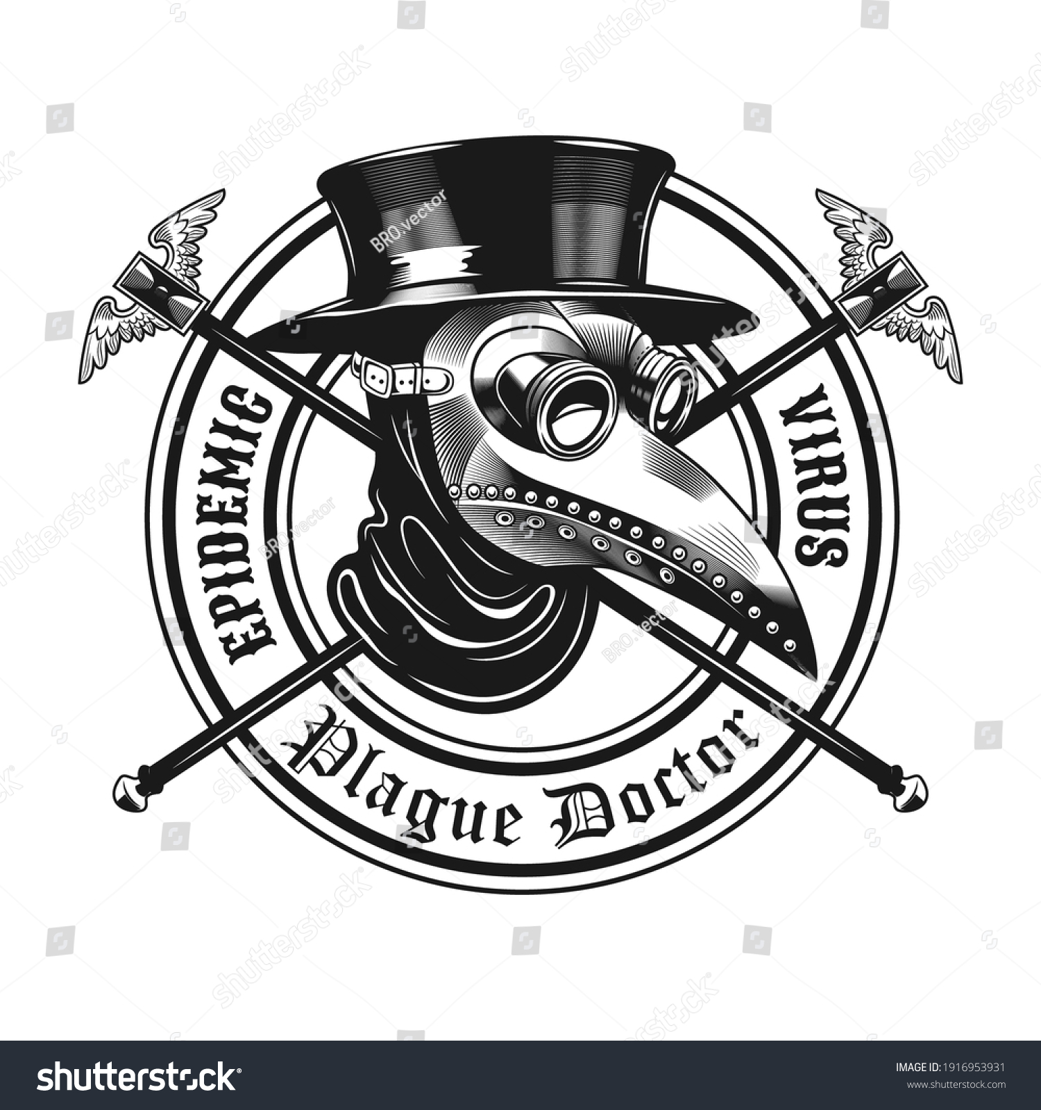 SVG of Plague doctor stamp design. Monochrome element with mask, top hat in circle vector illustration with text. Medieval or epidemic concept for symbols and labels templates svg