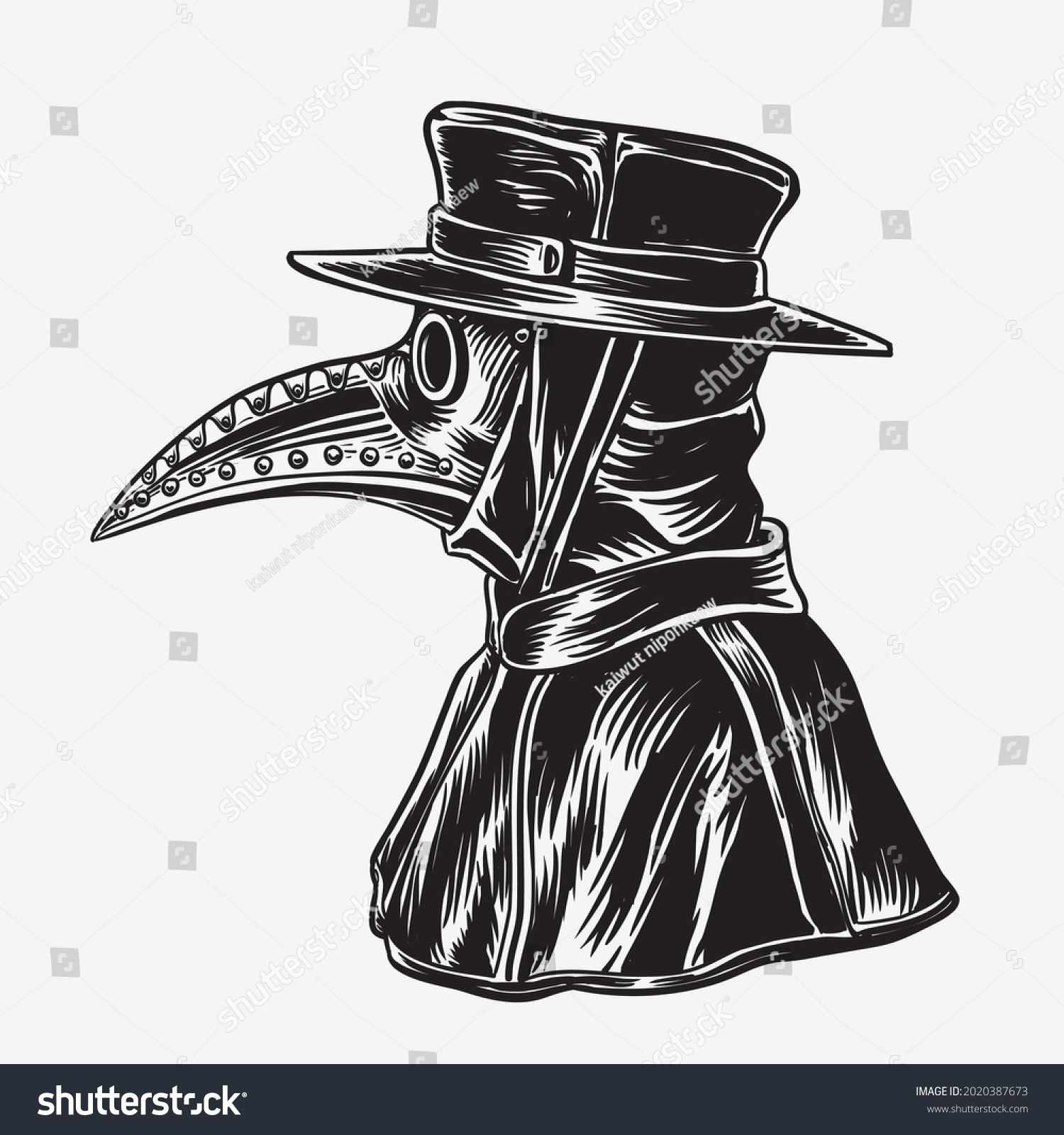 SVG of Plague doctor with bird mask and hat. Vector black vintage engraving illustration isolated on a white background.Hand drawn design 


 svg