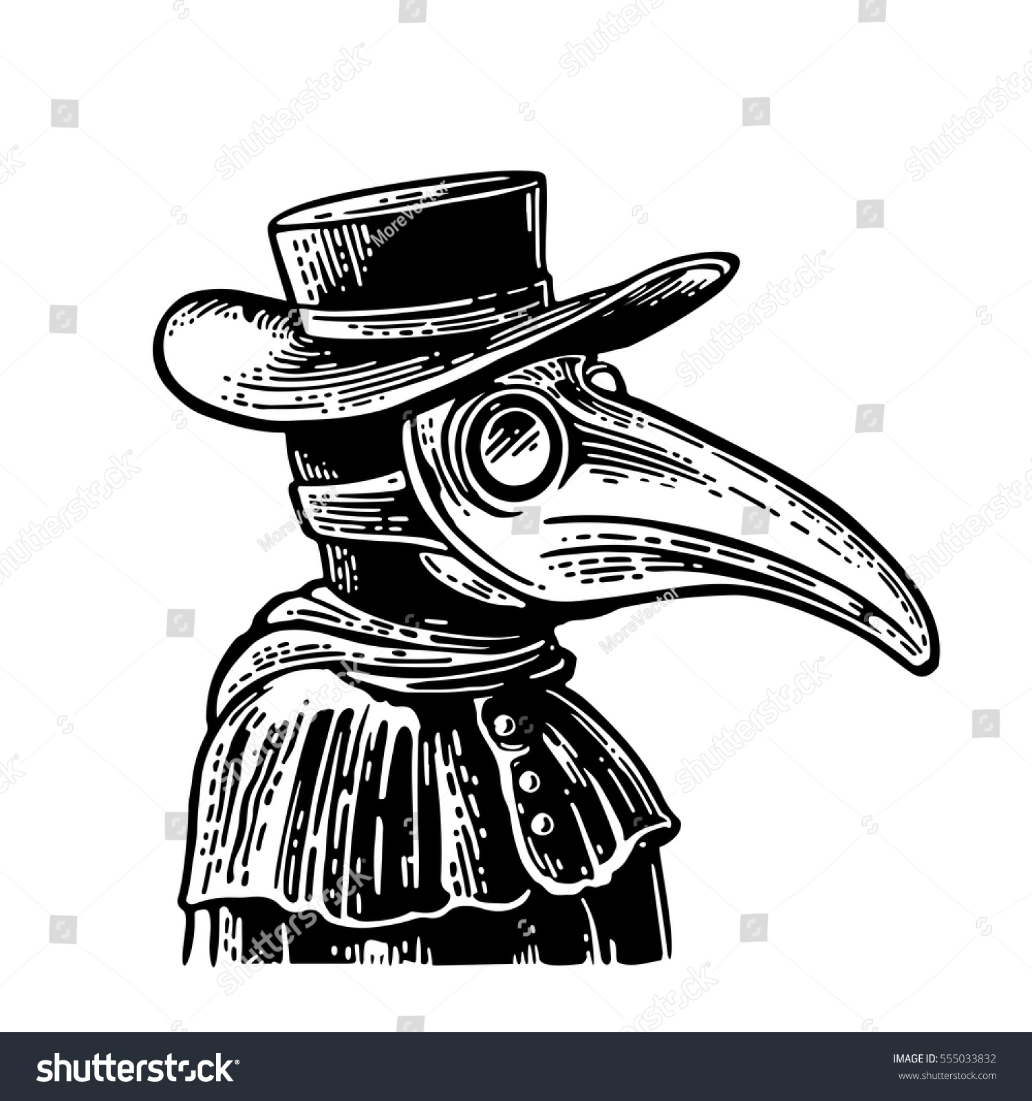 SVG of Plague doctor with bird mask and hat. Vector black vintage engraving illustration isolated on a white background. Hand drawn design element for poster quarantine coronavirus svg