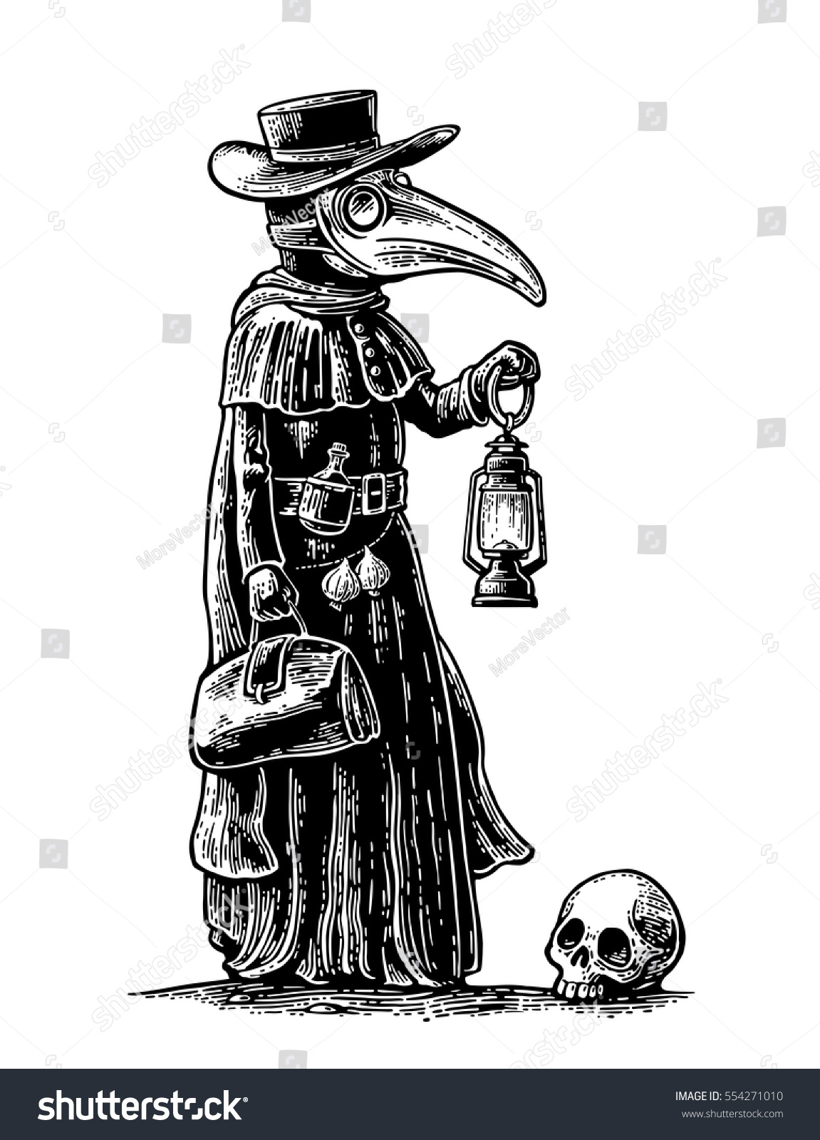 SVG of Plague, doctor with bird mask,suitcase, lantern, garlic and hat. Vector black vintage engraving illustration isolated on white. Hand drawn design element for poster quarantine coronavirus svg