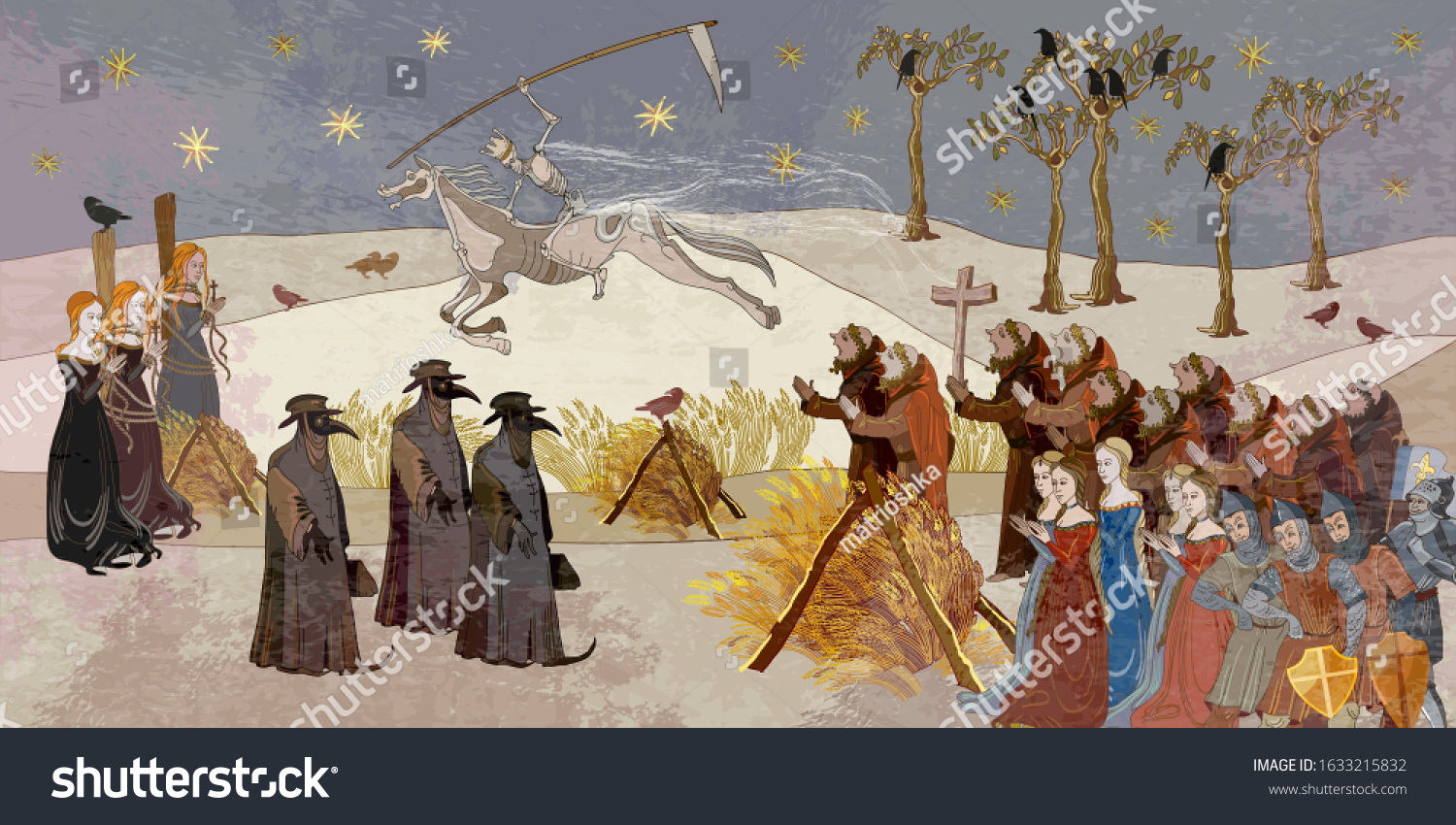 SVG of Plague epidemic. Horseman of death on horse. Terrible doctors. Medieval scene. World pestilence. Coronavirus art. Ancient book illustration. Middle Ages parchment style  svg