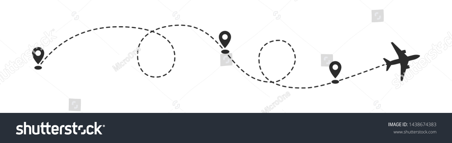 SVG of Plane path with location pins vector illustration. Path to location by plane, tourism way, route flight svg