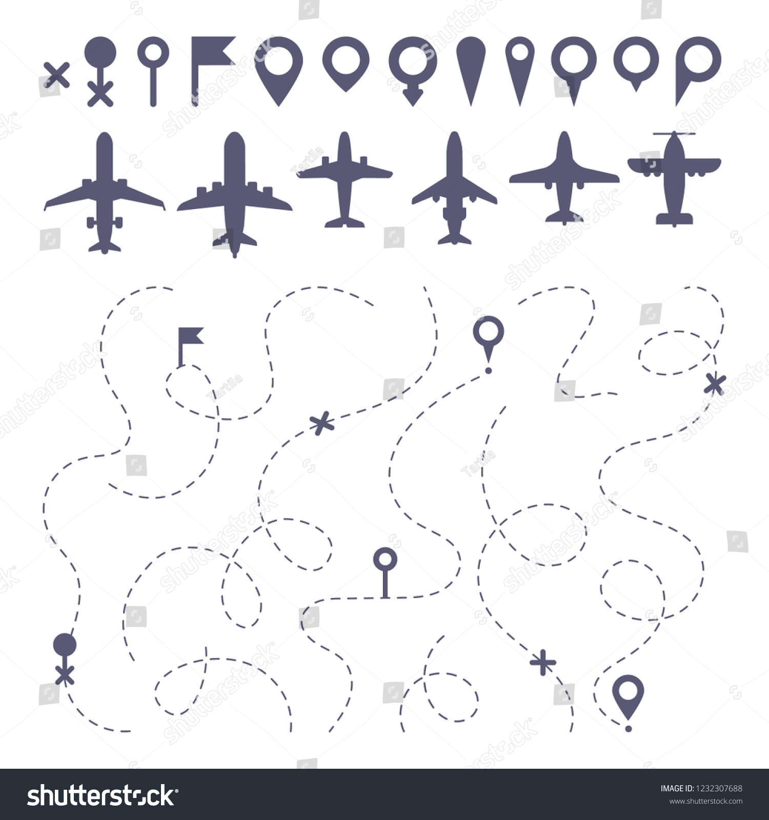 Plane Route Line Planes Dotted Line Stock Vector Royalty Free 1232307688