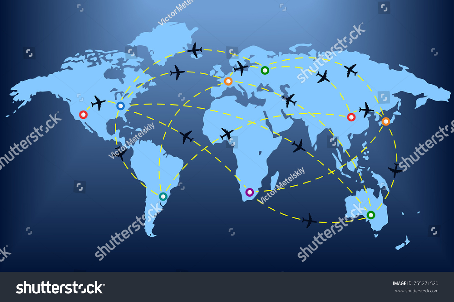 Plane Routes Over World Map Markers Stock Vector Royalty Free