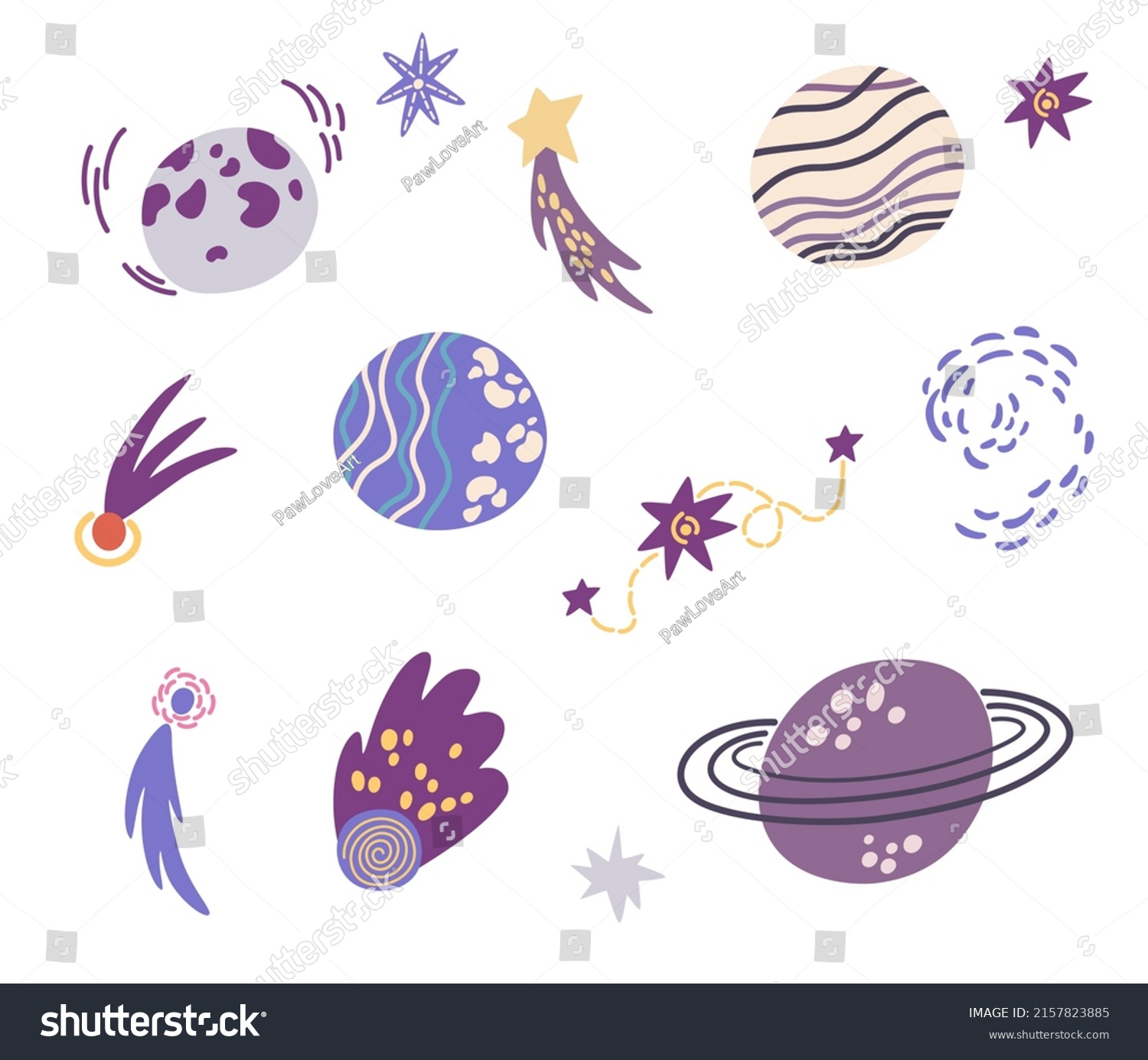 Planets Shooting Stars Set Space Objects Stock Vector (Royalty Free ...