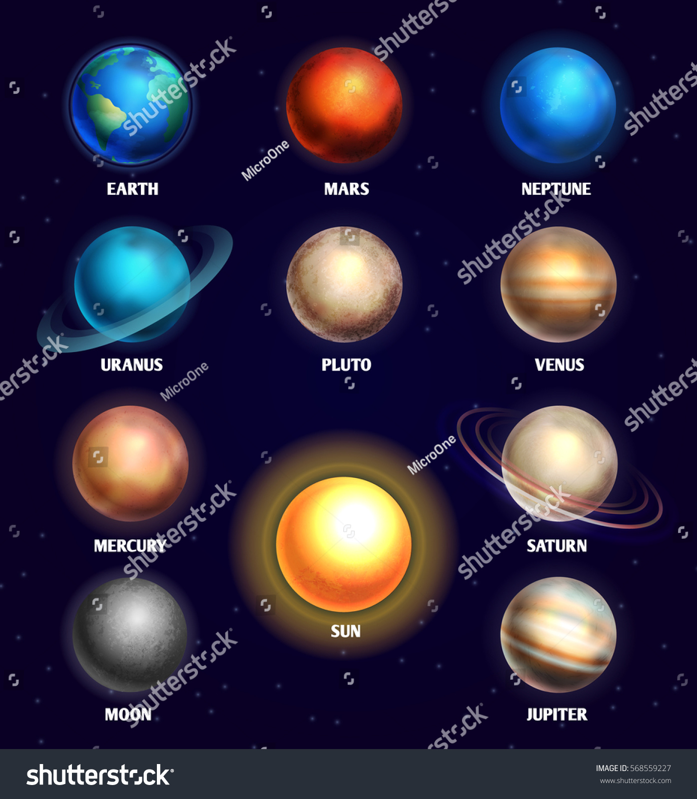 太陽系の惑星と太陽教育のベクターイラスト プラネタリウムを設計するための太陽系の惑星 のベクター画像素材 ロイヤリティフリー