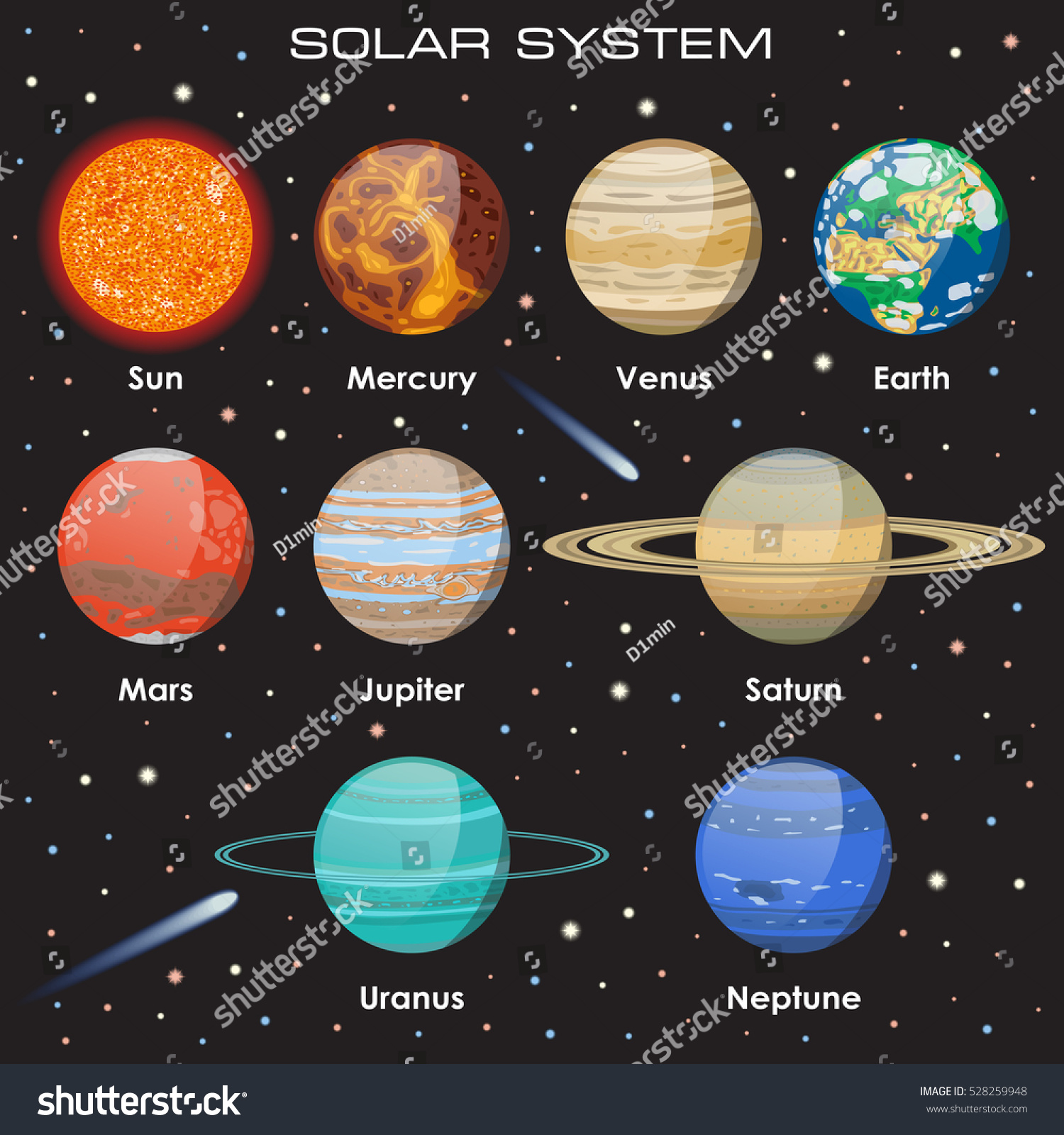 Planets Vector Set On Dark Background. Our Solar System. - 528259948 ...