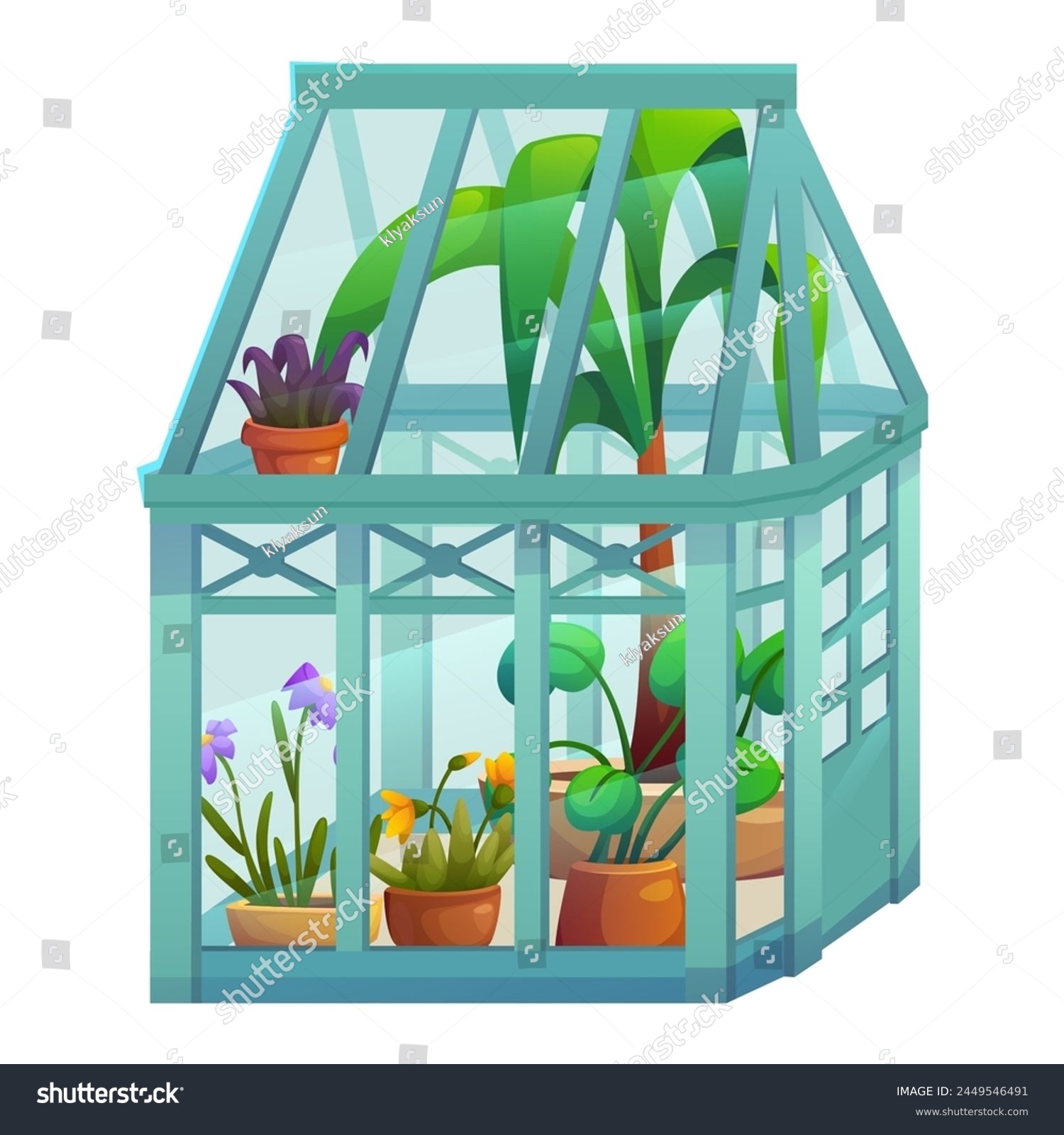 SVG of Plant in glass greenhouse garden isometric vector. Green glasshouse for agriculture nursery. Organic flower home with pot. Biotechnology equipment for palm seedling and cultivation cartoon design. svg