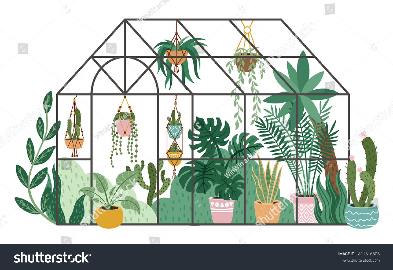 SVG of Planting greenhouse. Glass orangery, botanical garden greenhouse, flowers and potted plants home gardening isolated vector illustration. Plants hanging on ropes, growing greenery in pots svg