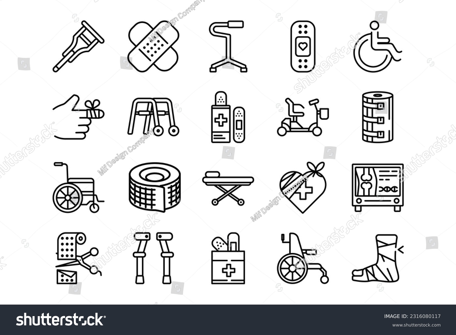 SVG of Plaster, Crutches and Bandage lines icon set. Plaster, Crutches and Bandage genres and attributes. Linear design. Lines with editable stroke. Isolated vector icons. svg