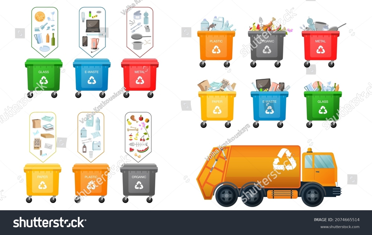 SVG of Plastic bins and truck for garbage. Vector set with Garbage trucks with frontal loader and containers for different types of trash: Organic, Plastic, Metal, Paper, Glass, E-waste. Waste management svg