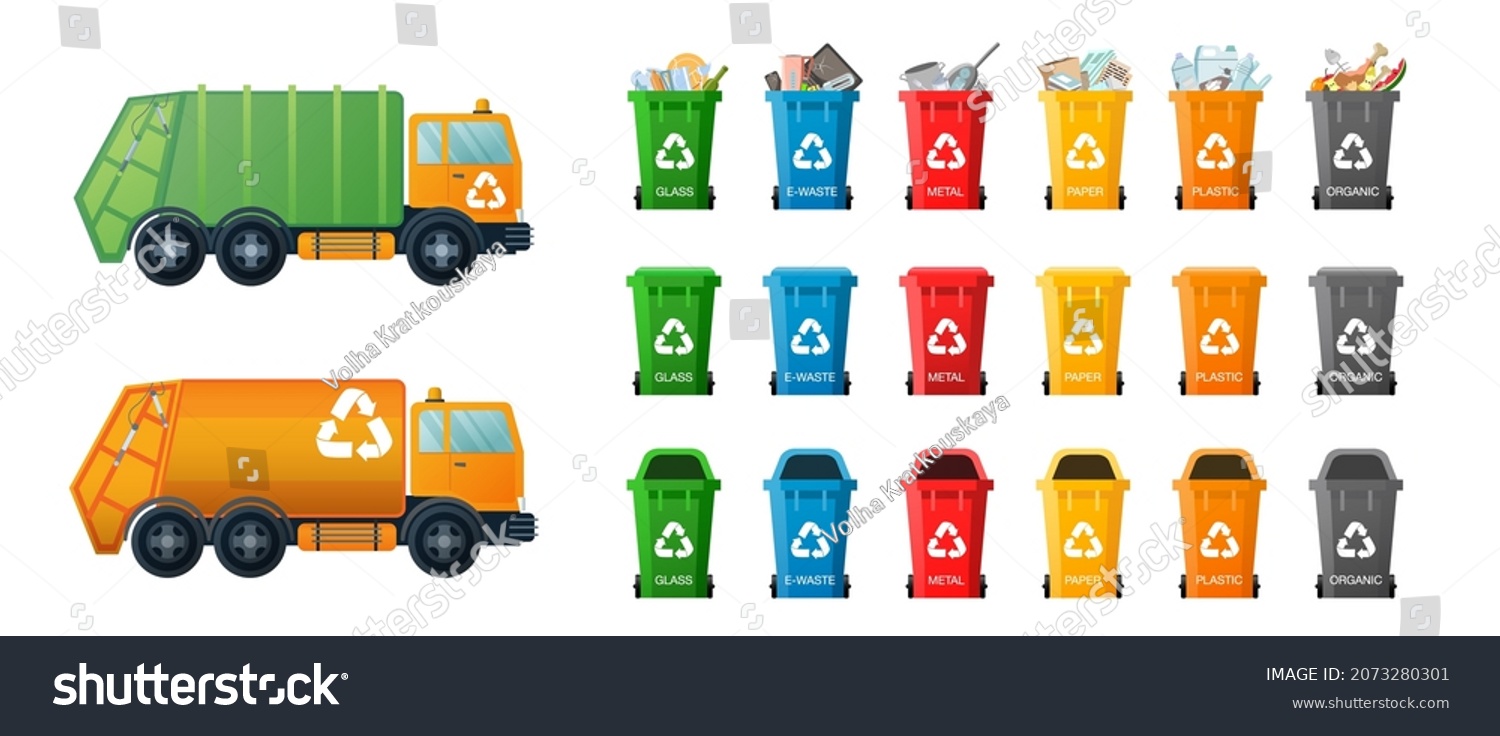 SVG of Plastic bins and trucks for garbage. Vector Garbage collection with garbage trucks and containers for different types of trash: Organic, Plastic, Metal, Paper, Glass, E-waste. Waste management set svg