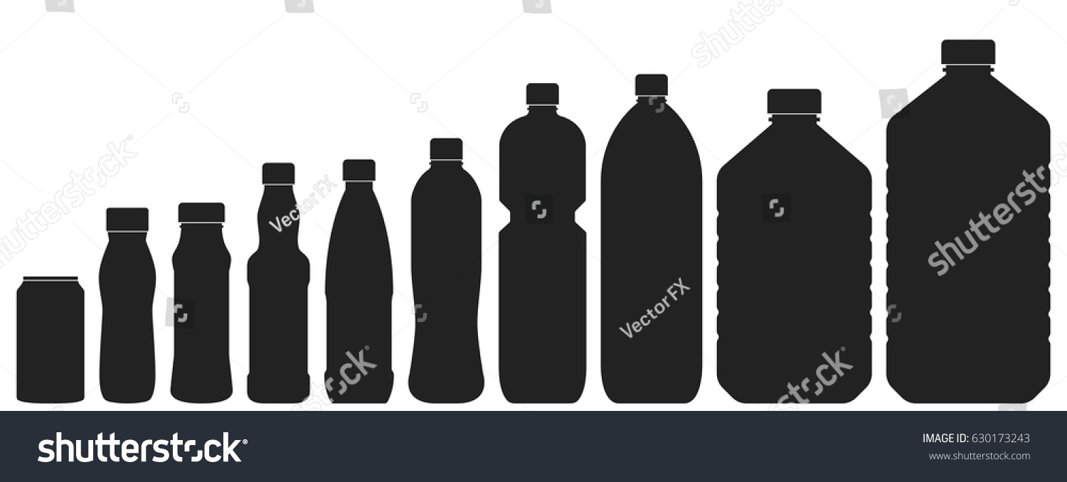 SVG of Plastic bottles of various sizes. Set of vector illustrations. Black silhouettes isolated on white. Different contours of bottles for water, lemonade, soda or beer. svg