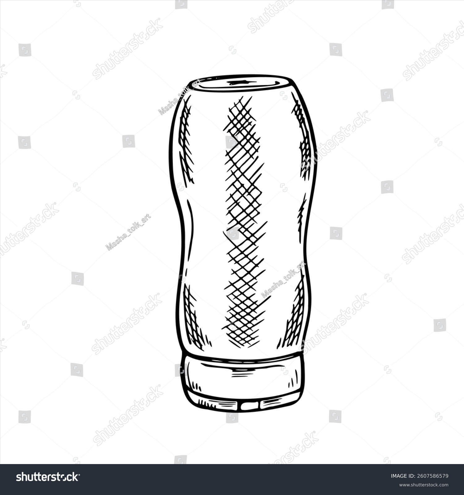 recommend clip art: Plastic condiment container for ketchup, mustard, or other sauce minimalist black ink vector illustration. Hand drawing monochrome squeeze bottle for food packaging, fast food branding, menu.