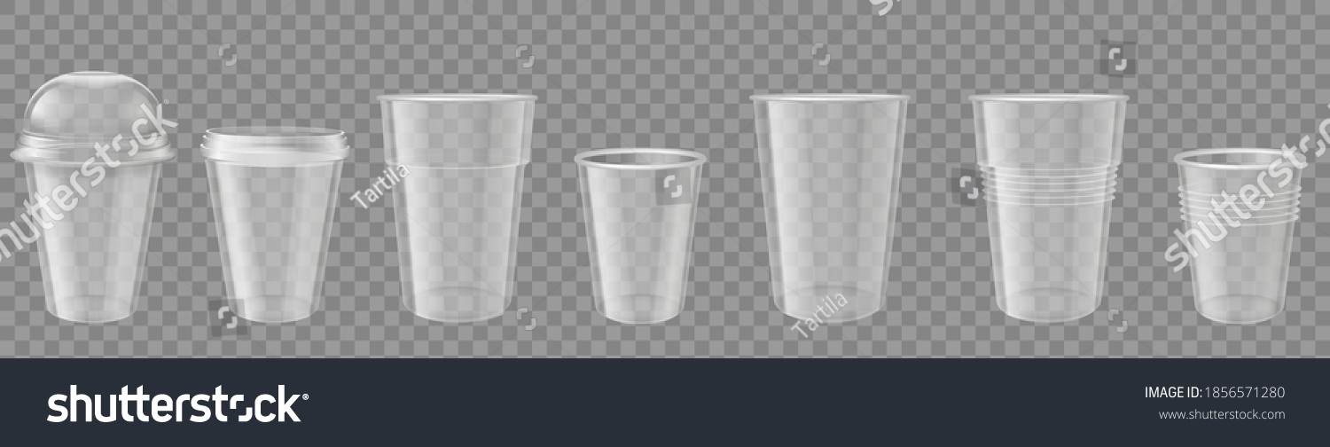 SVG of Plastic cup. Realistic transparent disposable cups with cap. Empty drink containers mockup. Packages for coffee or cold beverage vector set. Disposable clean cup with lid or cap illustration svg