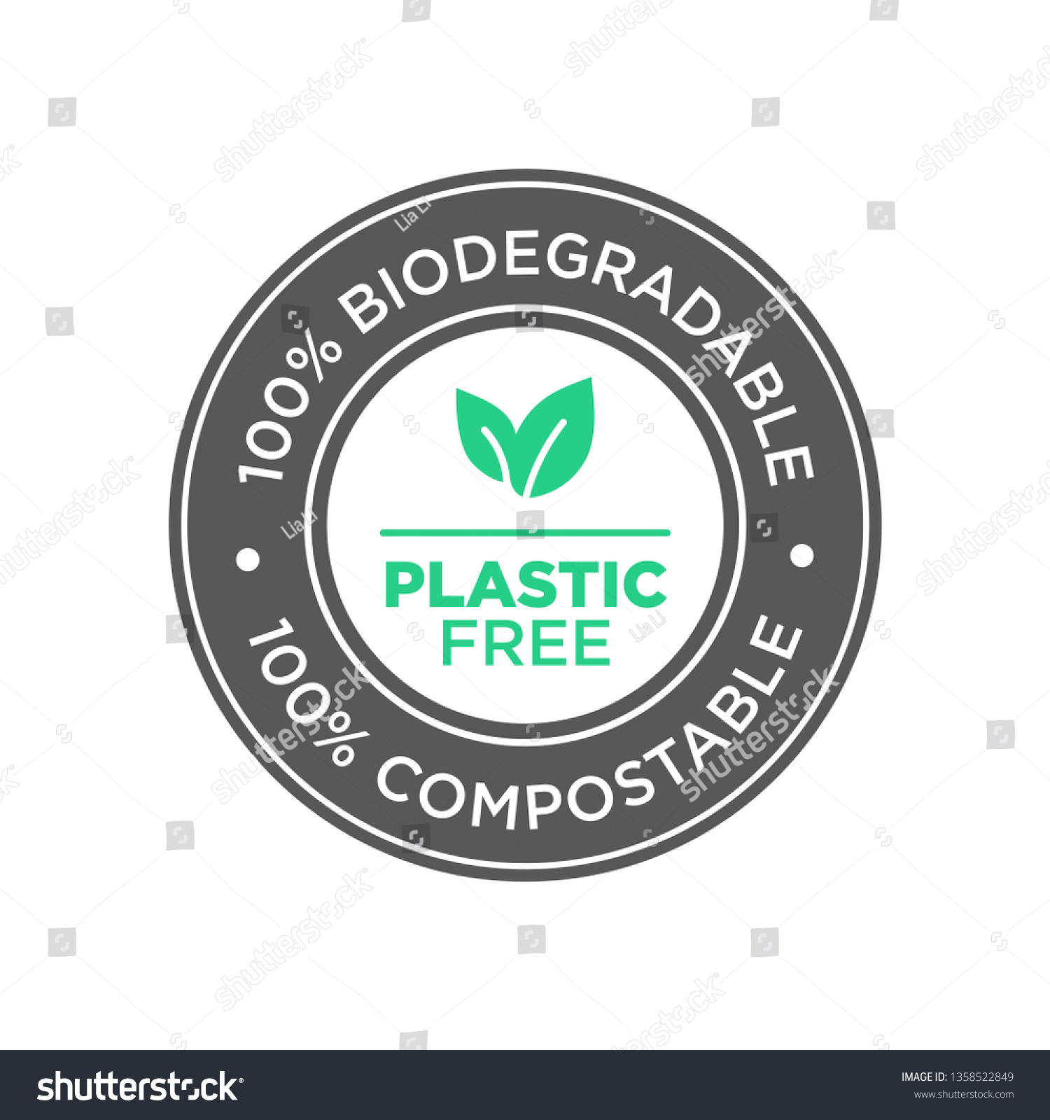 SVG of Plastic free. 100% Biodegradable and compostable icon. Round green and black symbol. svg