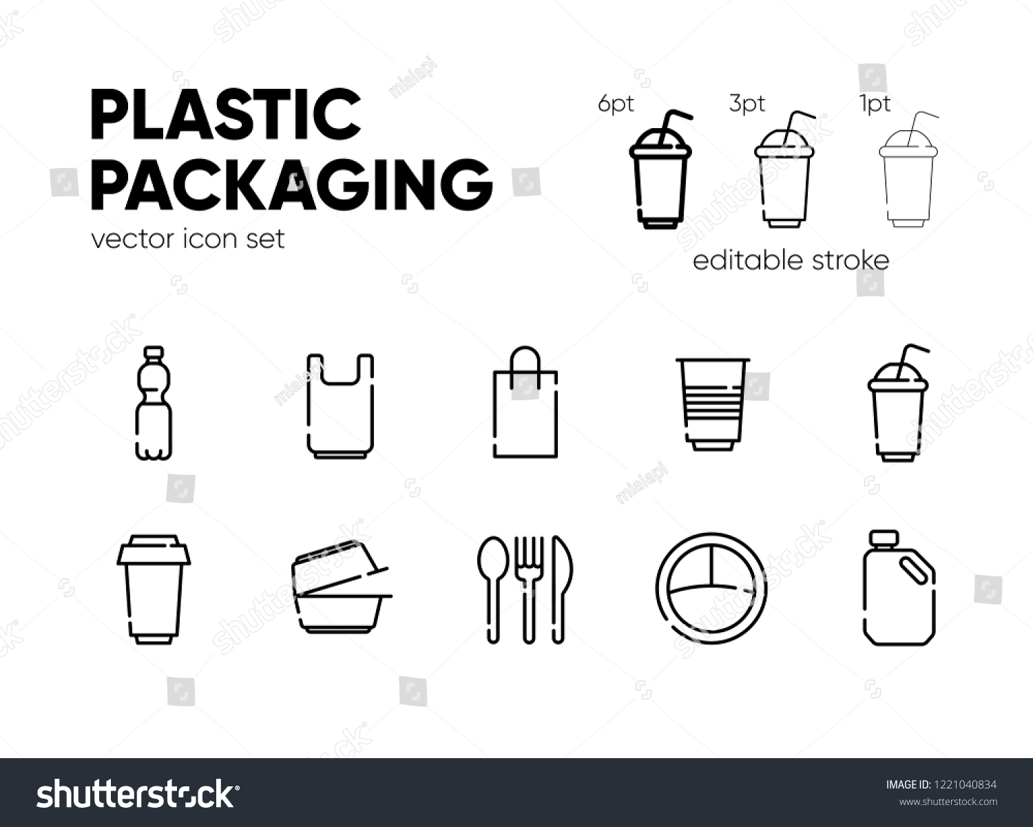 SVG of Plastic packaging icon set. Vector illustration. Bottle, bag, plate,container, cup. Outline icons with editable stroke. svg
