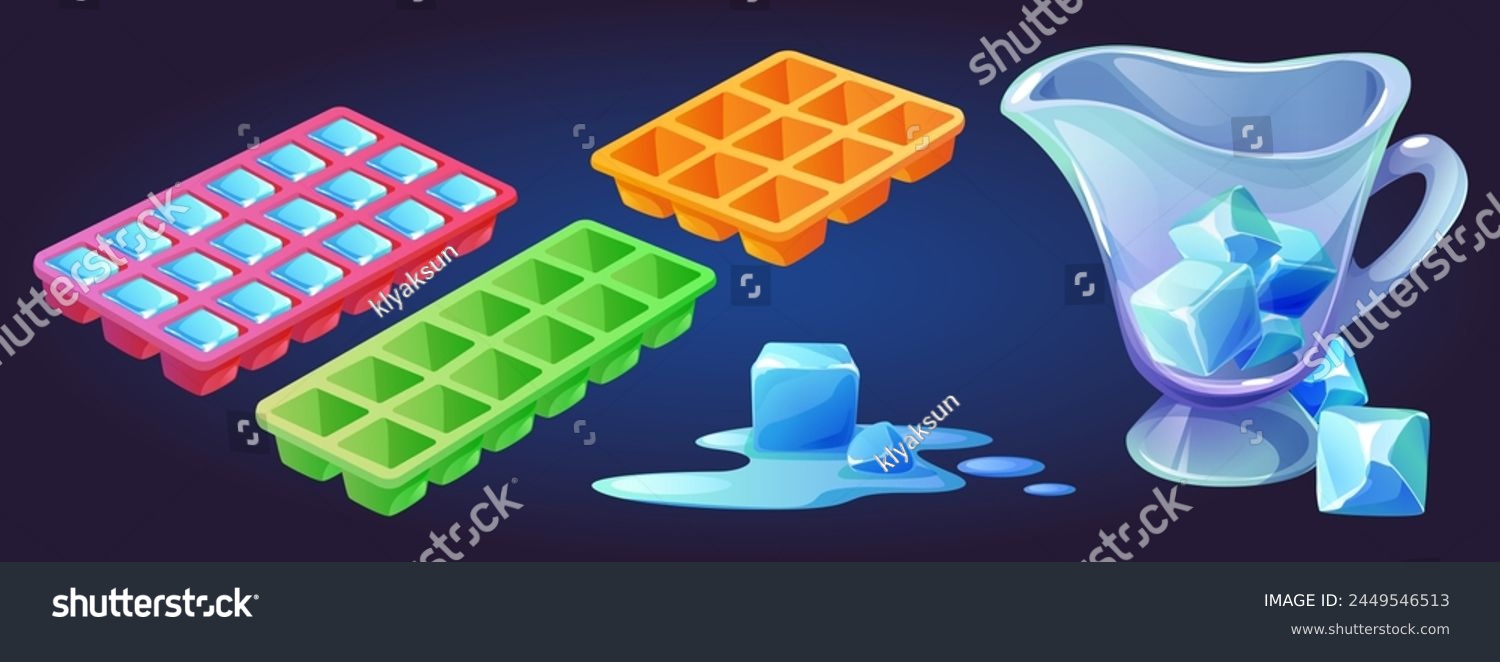 SVG of Plastic tray for ice cube making, melting frozen water block and glacier pieces in glass pitcher. Cartoon vector illustration set of pink, orange and green silicone equipment icebox for freezer. svg
