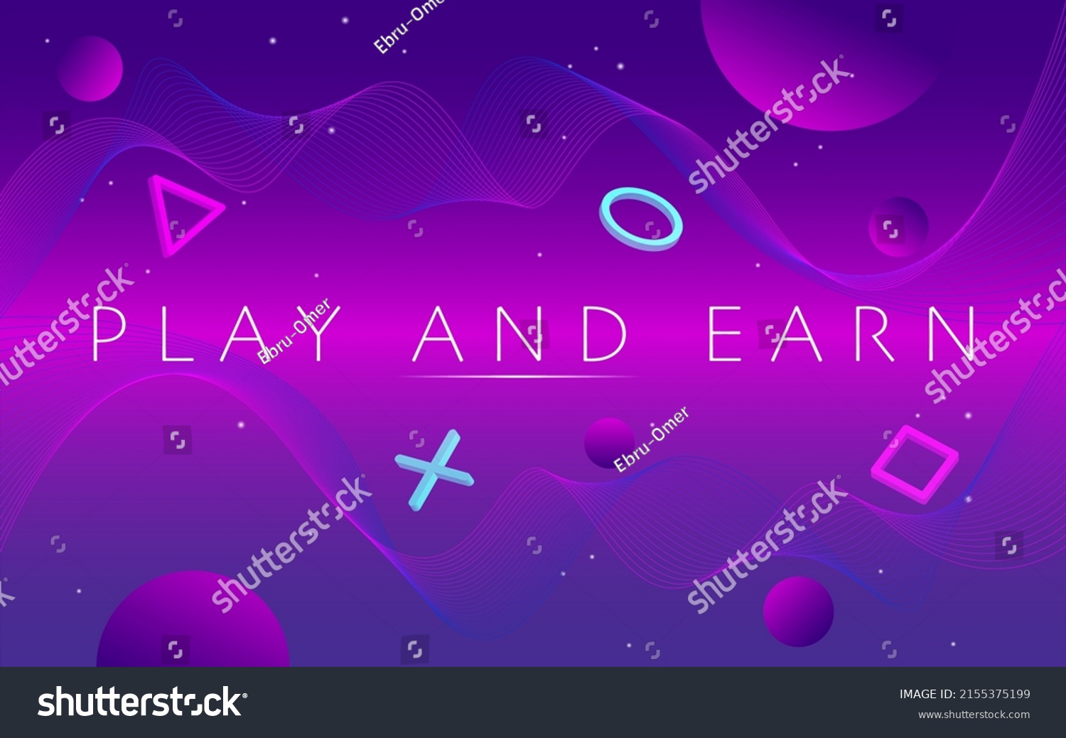 SVG of Play and Earn, GameFi technology. P2E model turns into a Play and Earn model. Neon geometric shapes and text on cyberspace background. svg
