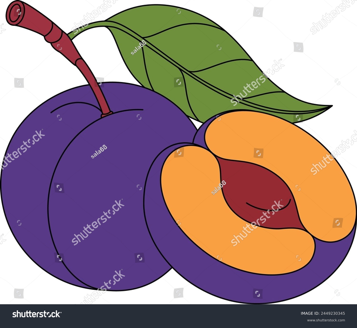 purple plum fruit with green leaf clip art preview