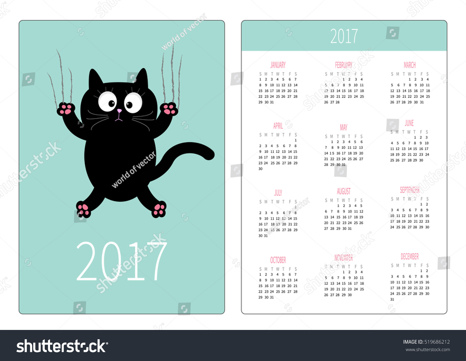 SVG of Pocket calendar 2017 year. Week starts Sunday. Flat design Vertical orientation Template. Cartoon black cat claw scratch glass. Cute character. Blue sky background. Isolated. Vector illustration svg