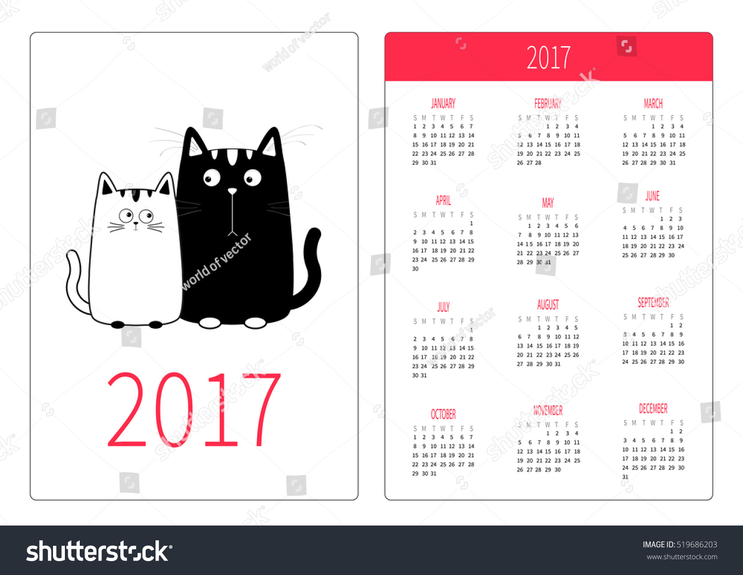 SVG of Pocket calendar 2017 year. Week starts Sunday. Flat design Vertical orientation Template. Cute cartoon black white cat boy girl Kitty couple on date. Happy family Love background Isolated Vector svg