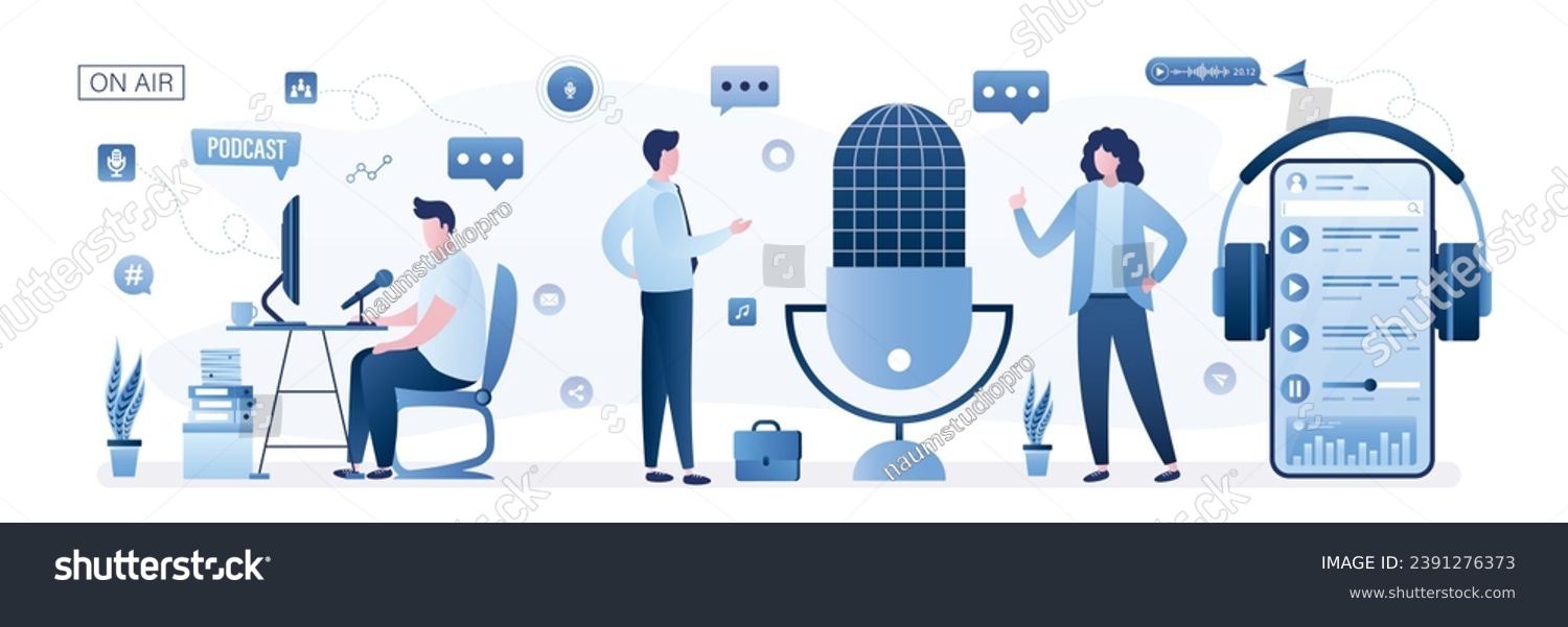 SVG of Podcast, radio, live show. Media host at workplace. Podcaster, blogger or broadcaster at workspace. Characters create media content. Online interview. Horizontal banner. flat vector illustration svg