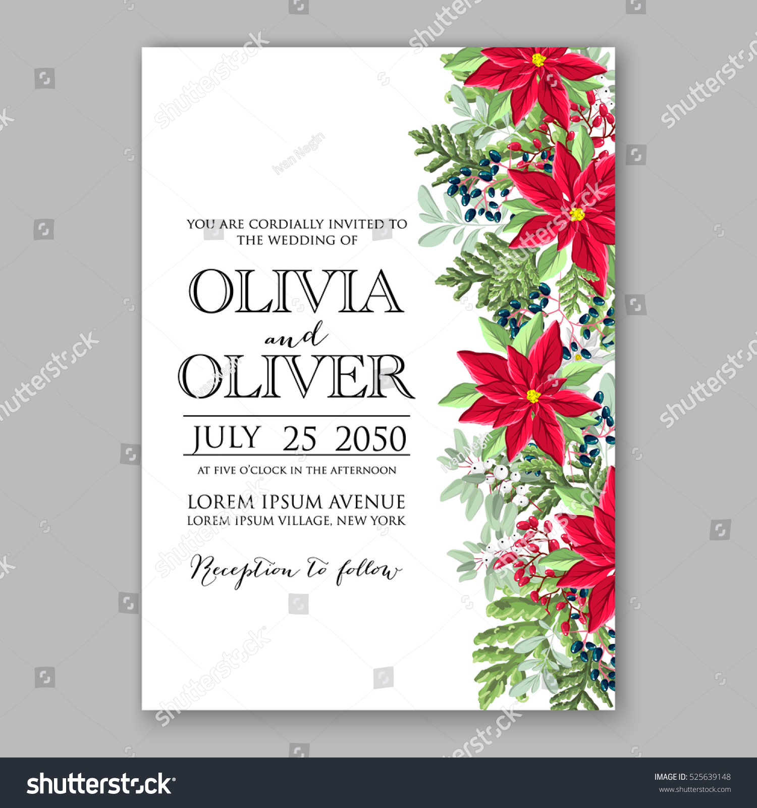poinsettia winter wedding invitation template card stock vector