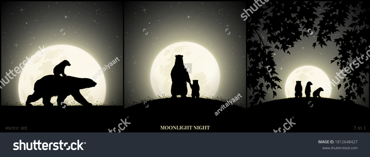SVG of Polar bears family walking in grass on moonlight night. Animal baby silhouette on back of mother. Landscape framed by branches. Full moon in starry sky. Black and white vector illustration set svg