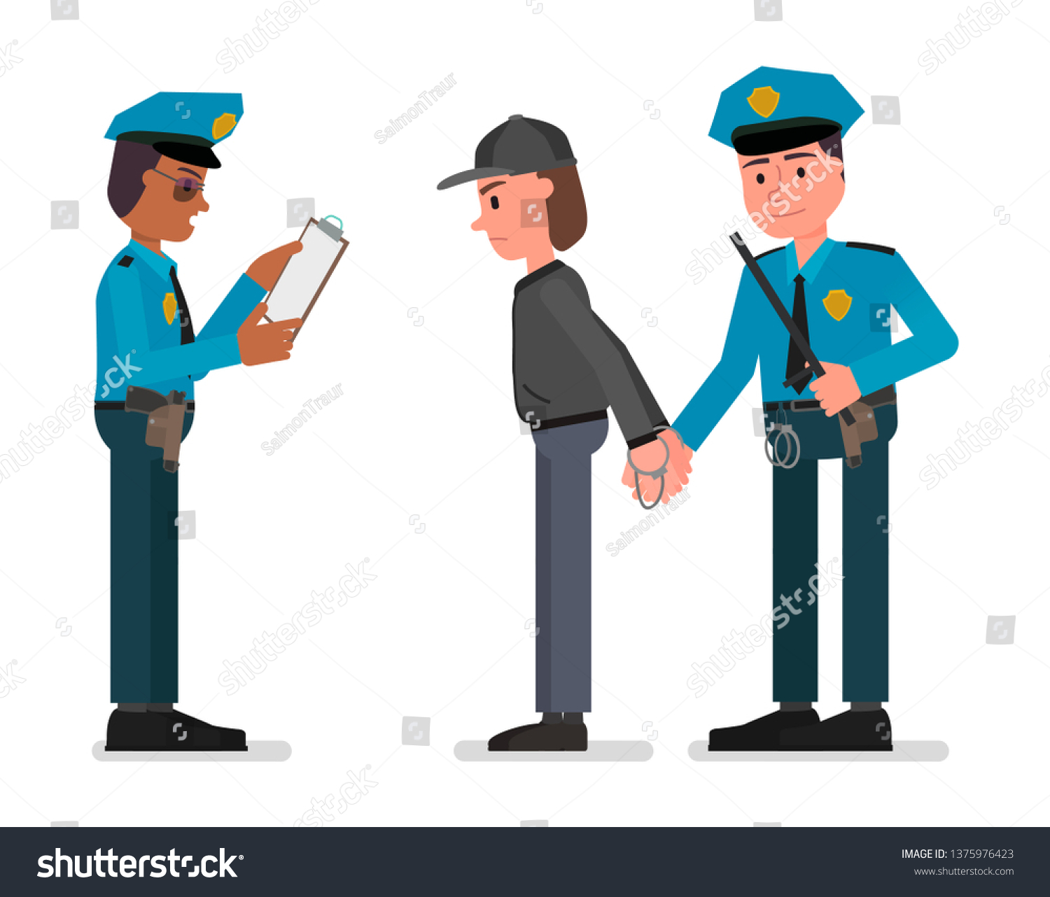 Police arrest a suspect. Vector stock illustration, flat style drawing. Isolated on a white background.