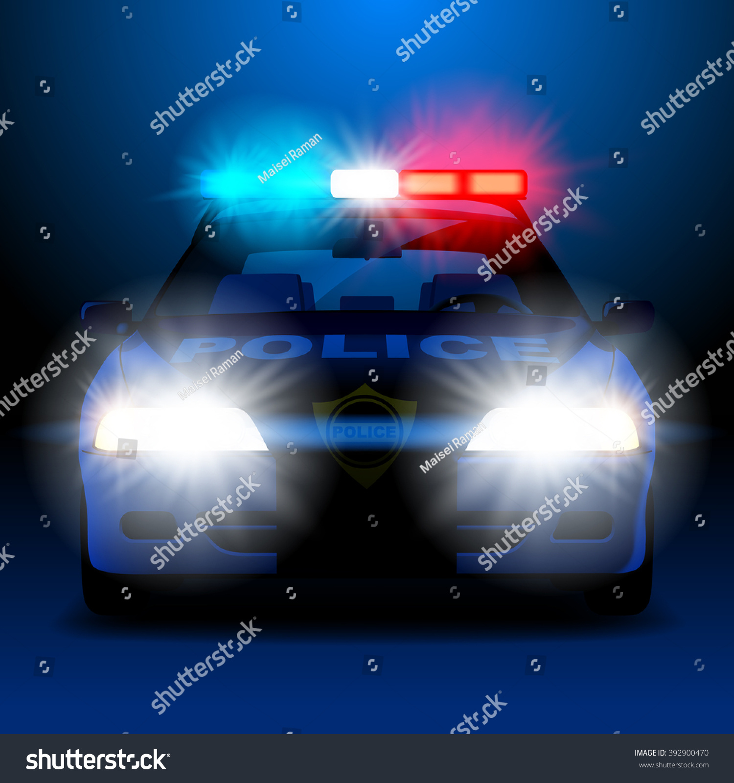 SVG of Police car in night with lights in frontal view. Vector illustration svg
