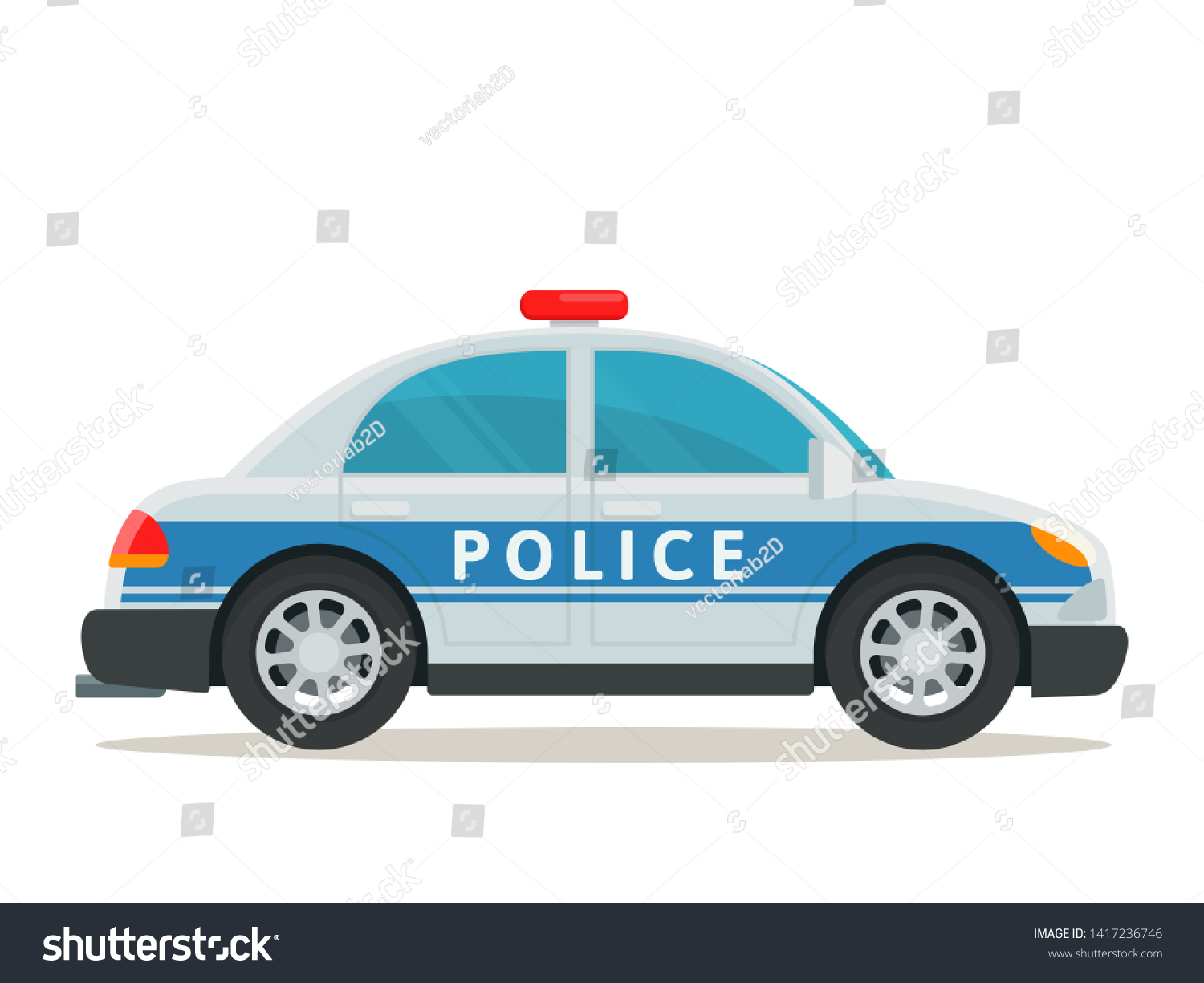 SVG of Police car, side view. Police patrol transport. Vector illustration, flat cartoon style. Isolated on white background. svg