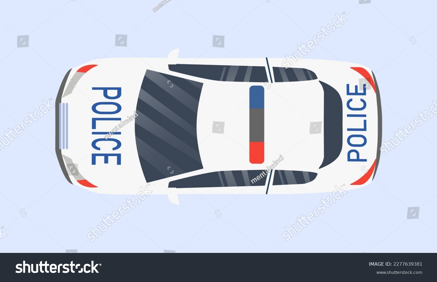 SVG of Police car top view. Vehicle with flashing lights and sirens to patrol streets and ensure safety of city. Fight against crime. Template, layout and mockup. Cartoon flat vector illustration svg