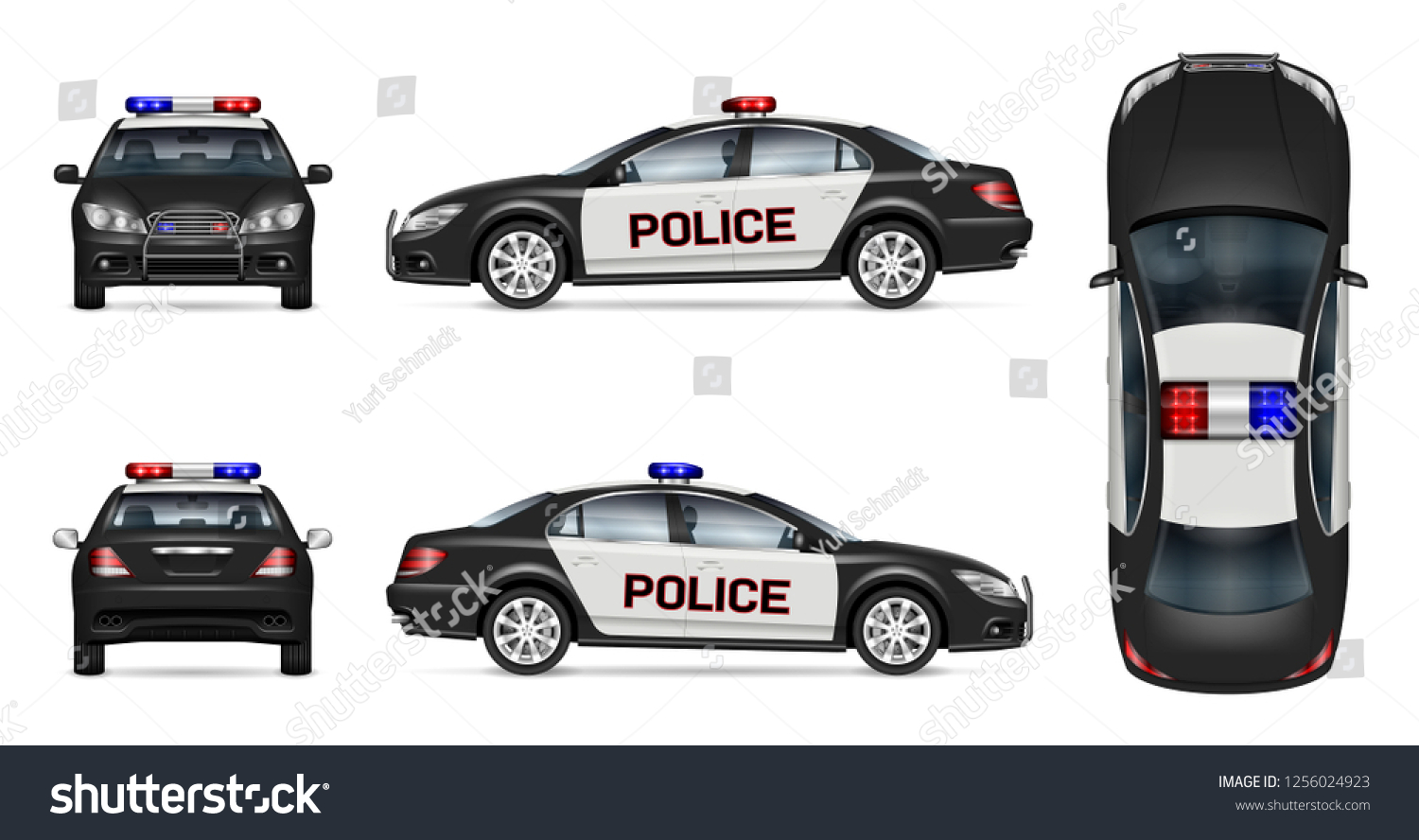 SVG of Police car vector mockup on white background, view from side, front, back and top. All elements in the groups on separate layers for easy editing and recolor svg
