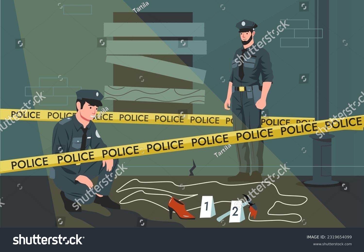 SVG of Police crime scene. Criminal murder investigation of detective officers, victim corpse traced with chalk, policemen with dog at work. Vector illustration of criminal police scene svg