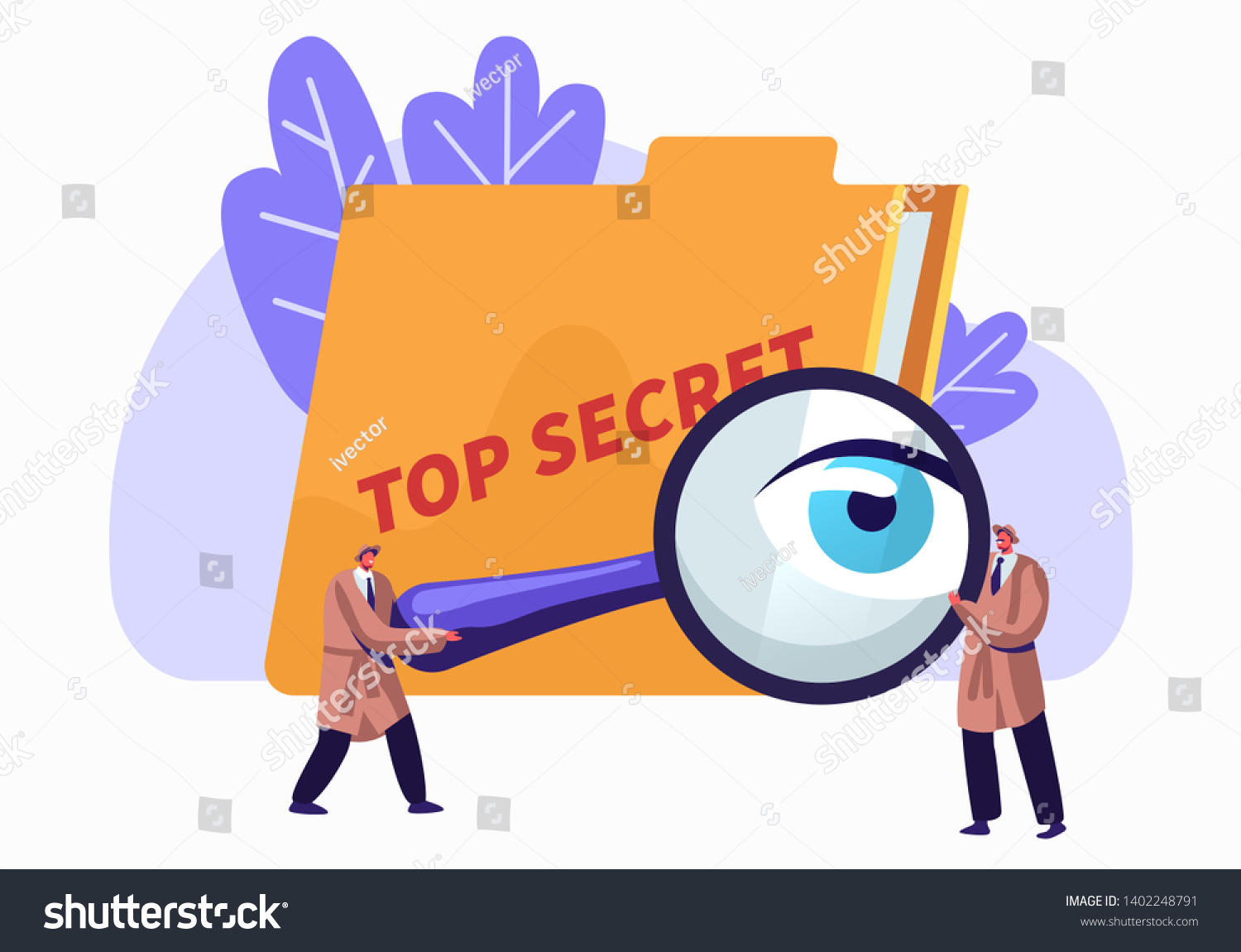 SVG of Police, Intelligence Service, Spies, Watchers Searching for Top Secret Files with Magnifier Glass. Police Private Detectives at Work Investigating and Solving Crimes. Cartoon Flat Vector Illustration svg