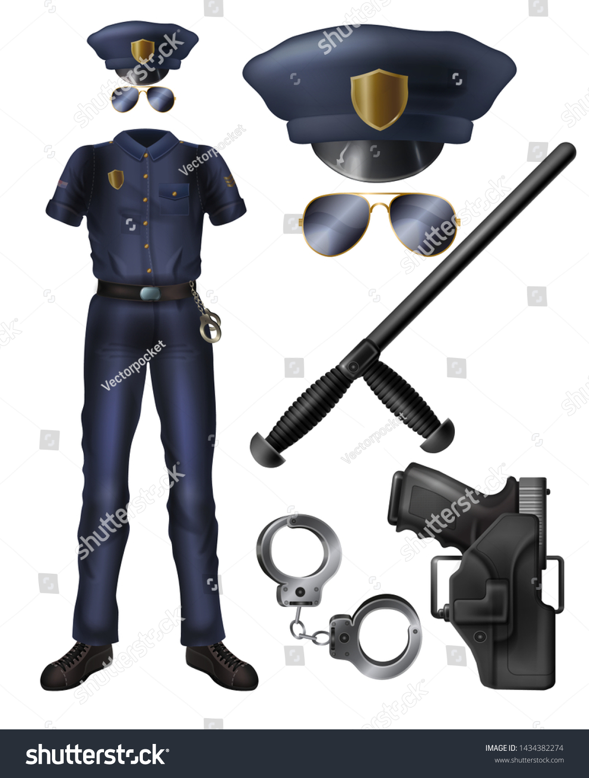 警察官 または警備員の制服 武器 アクセサリーのカートーンベクター画像セット 警官の衣装 ピークのとがった帽子 サングラス ホルスターのハンドガン 手錠 ゴム製のバトン 分離 イラスト のベクター画像素材 ロイヤリティフリー