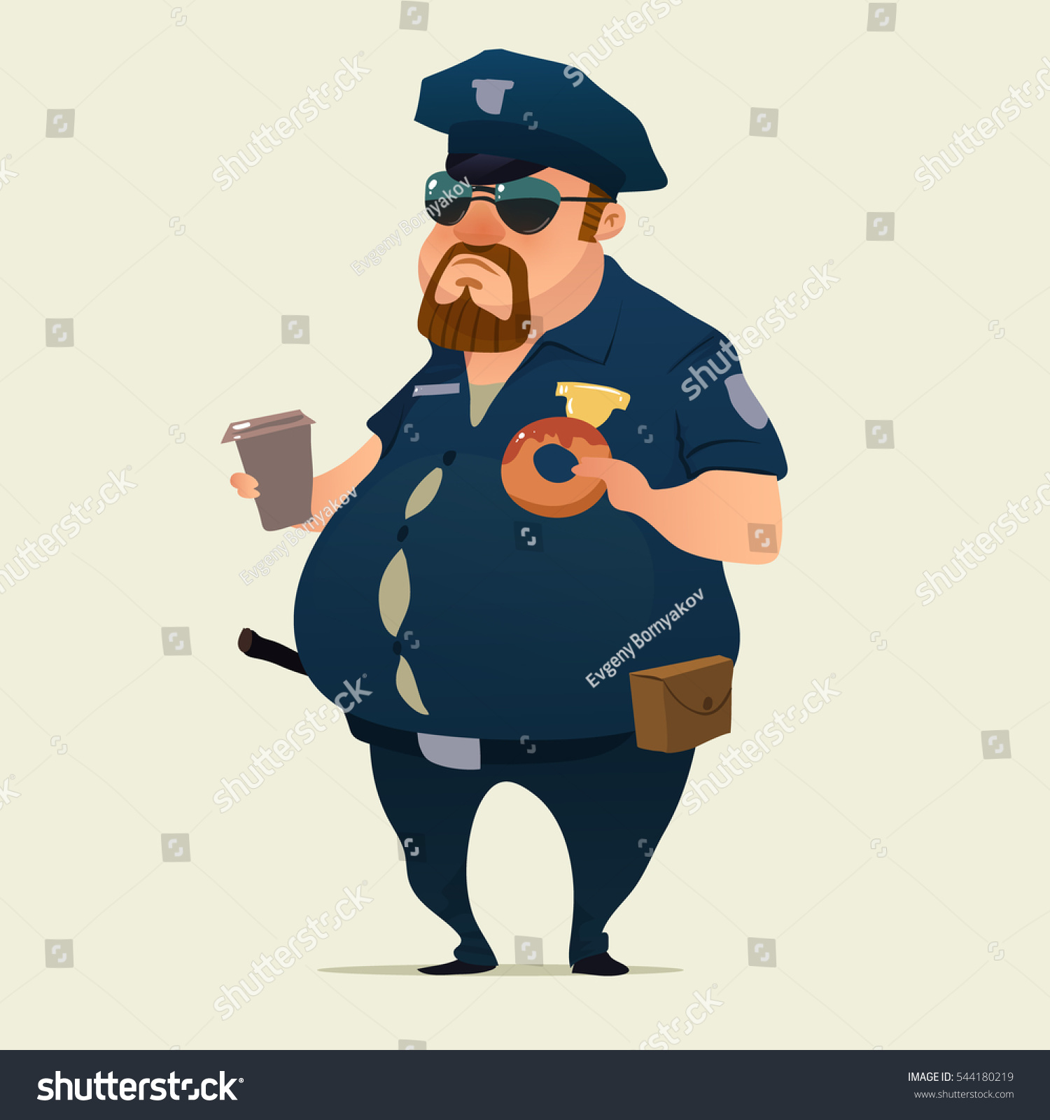 ドーナツとコーヒーを持つ警察官 太った警官 漫画のキャラクター ベクターイラストを背景に のベクター画像素材 ロイヤリティフリー
