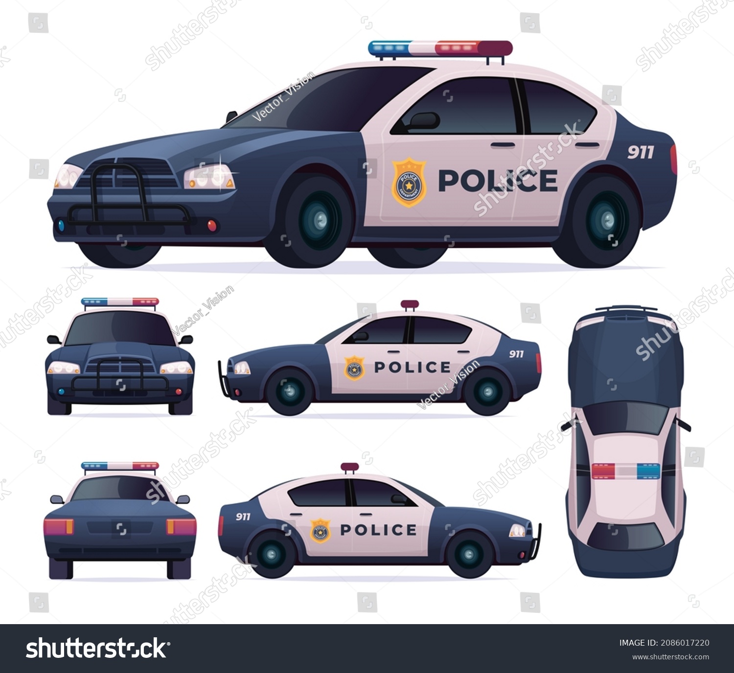 SVG of Police patrol car set. View front, rear, side, top. svg