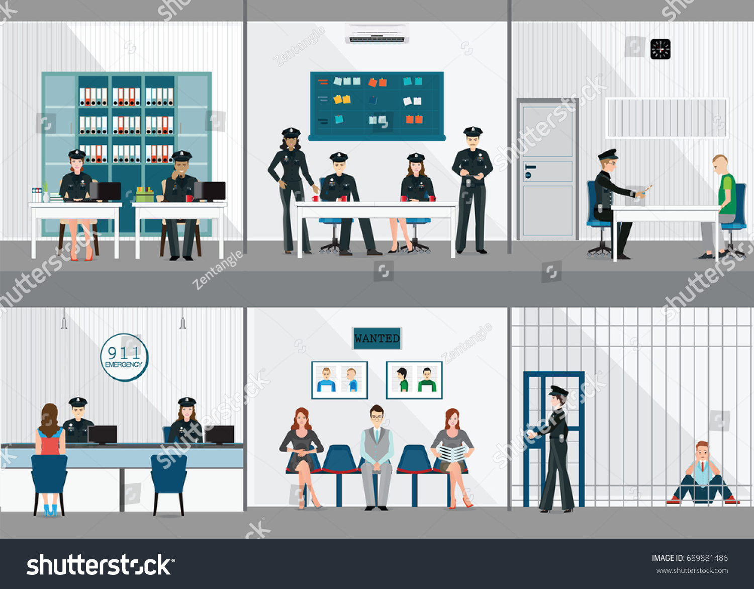 Police Station Interior Set Office Room Stock Vector