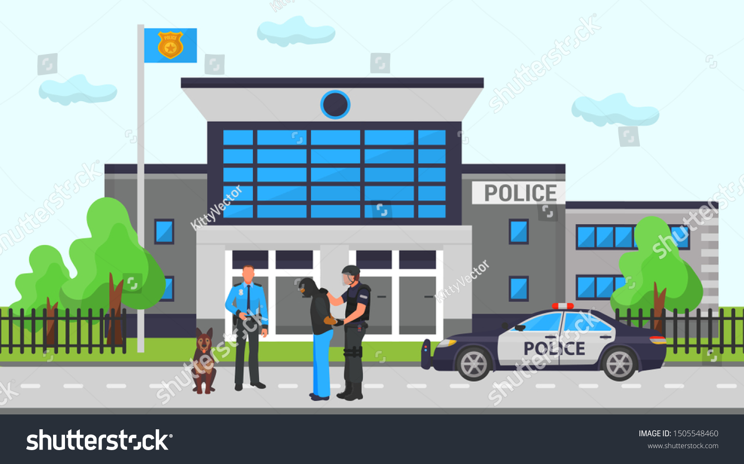 Stock Vector Police Station Vector Illustration Two Cops Dog And Police Car On Road In Front Of Department 1505548460 