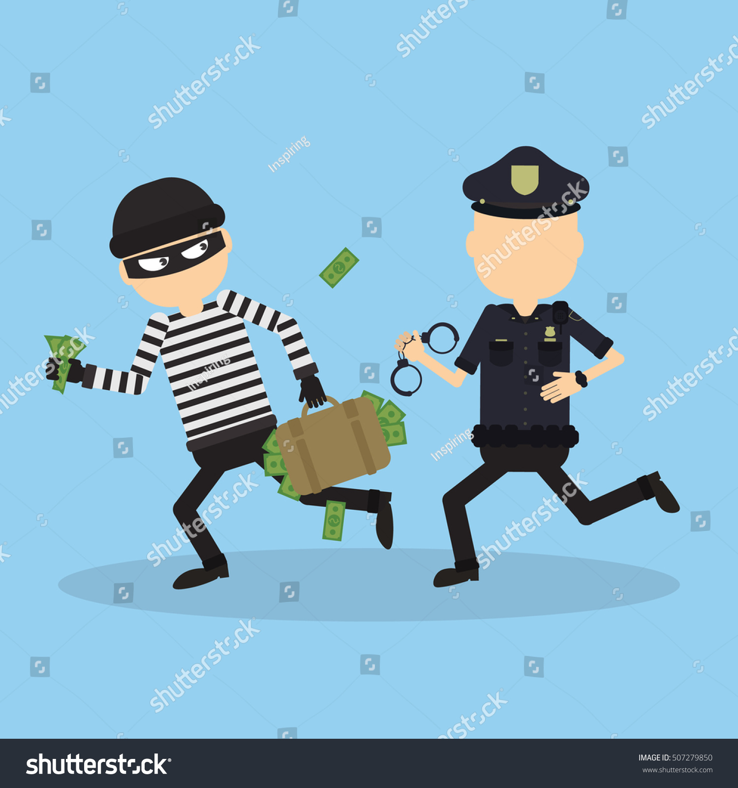 Policeman Tries To Chase A Thief. Funny Cartoon Character.Concept Of ...